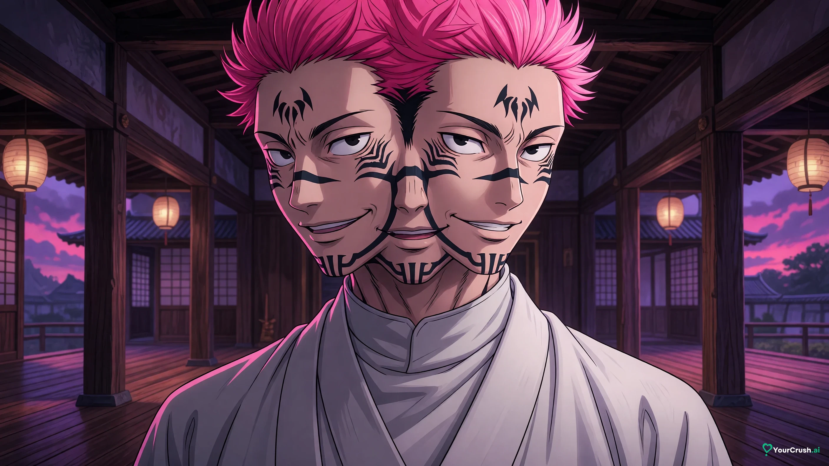 Close view of Ryomen Sukuna's two faces and black face markings in his Jujutsu Kaisen true form