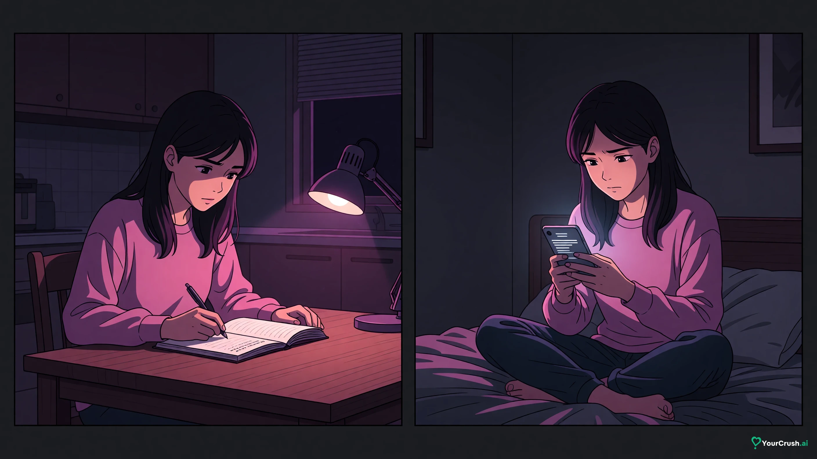 Two panels: a paper notebook at a kitchen table, then a phone notes screen on a bed, both in private rooms