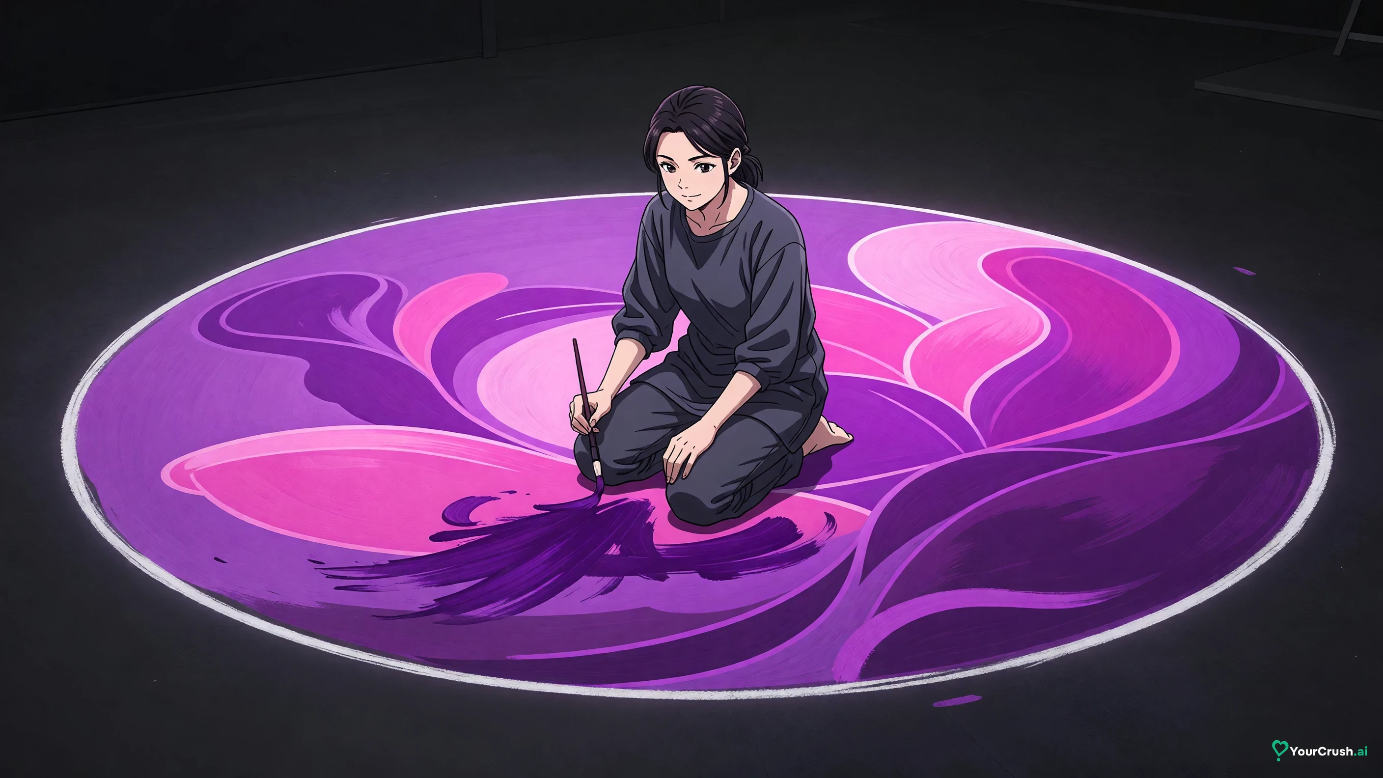 Anime artist painting freely inside a clearly drawn chalk circle on a dark floor