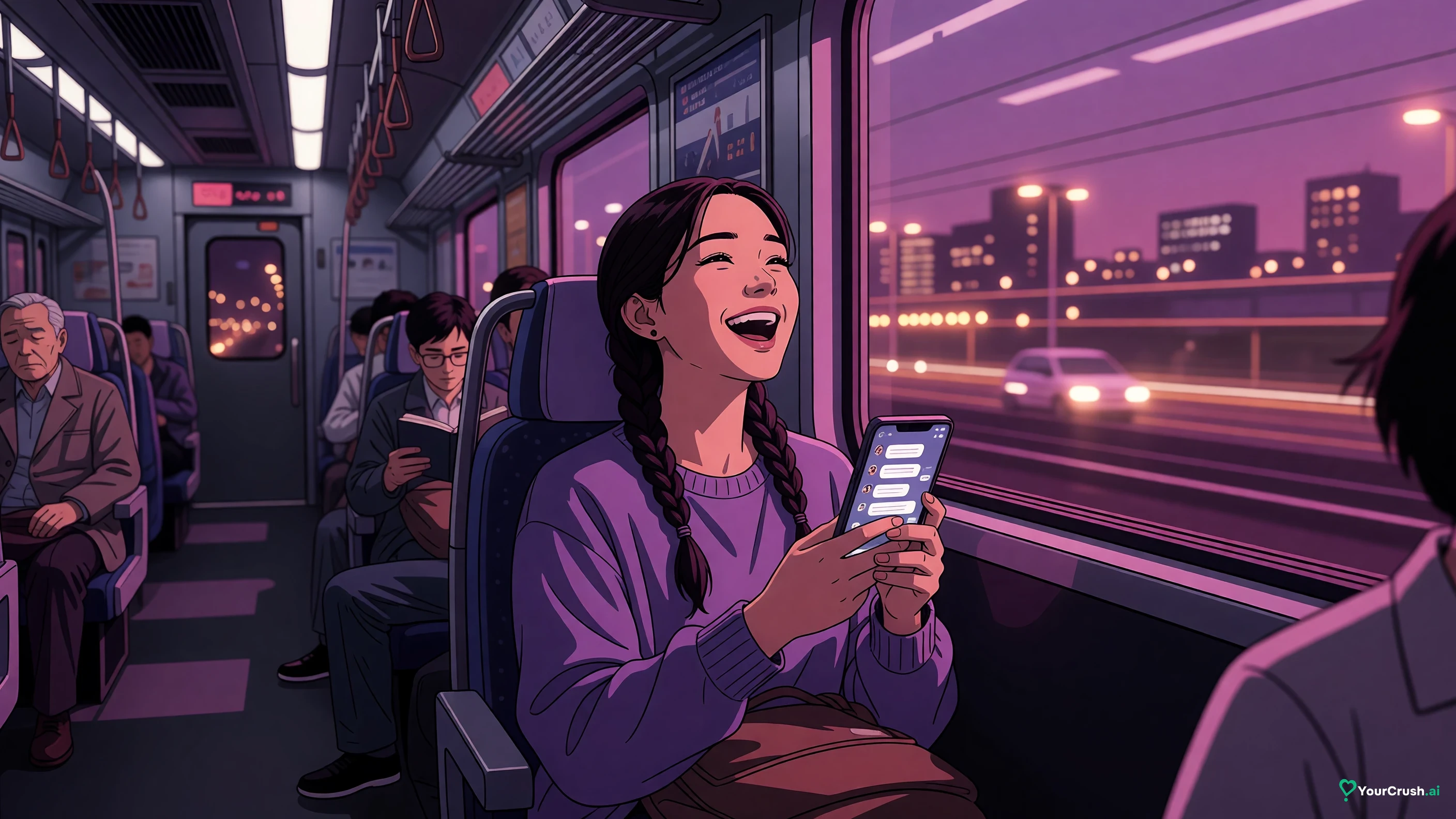 A woman on a commuter train laughing at her phone, the carriage around her quiet