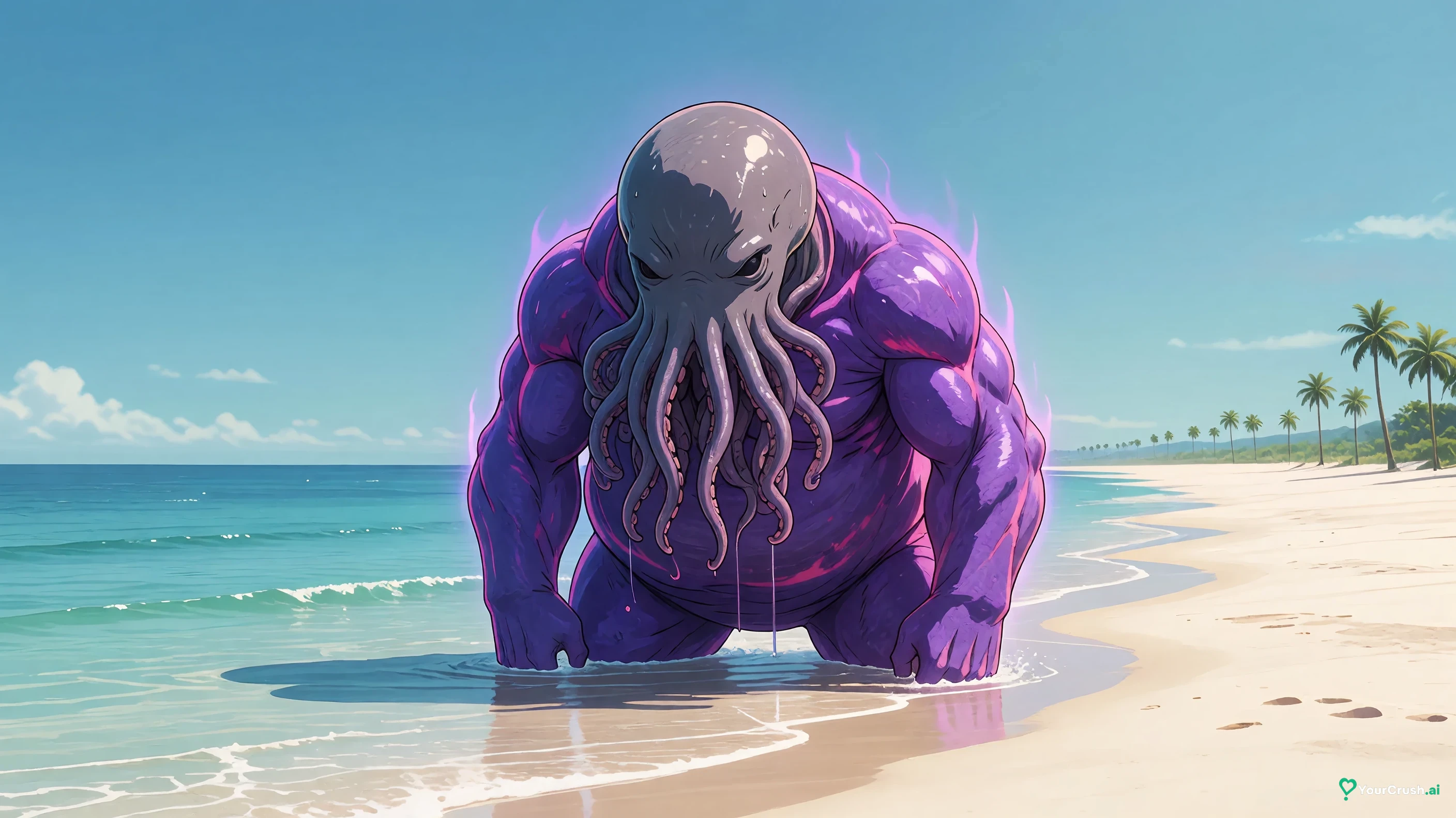 Dagon the octopus-headed curse from Jujutsu Kaisen standing in shallow water on a beach