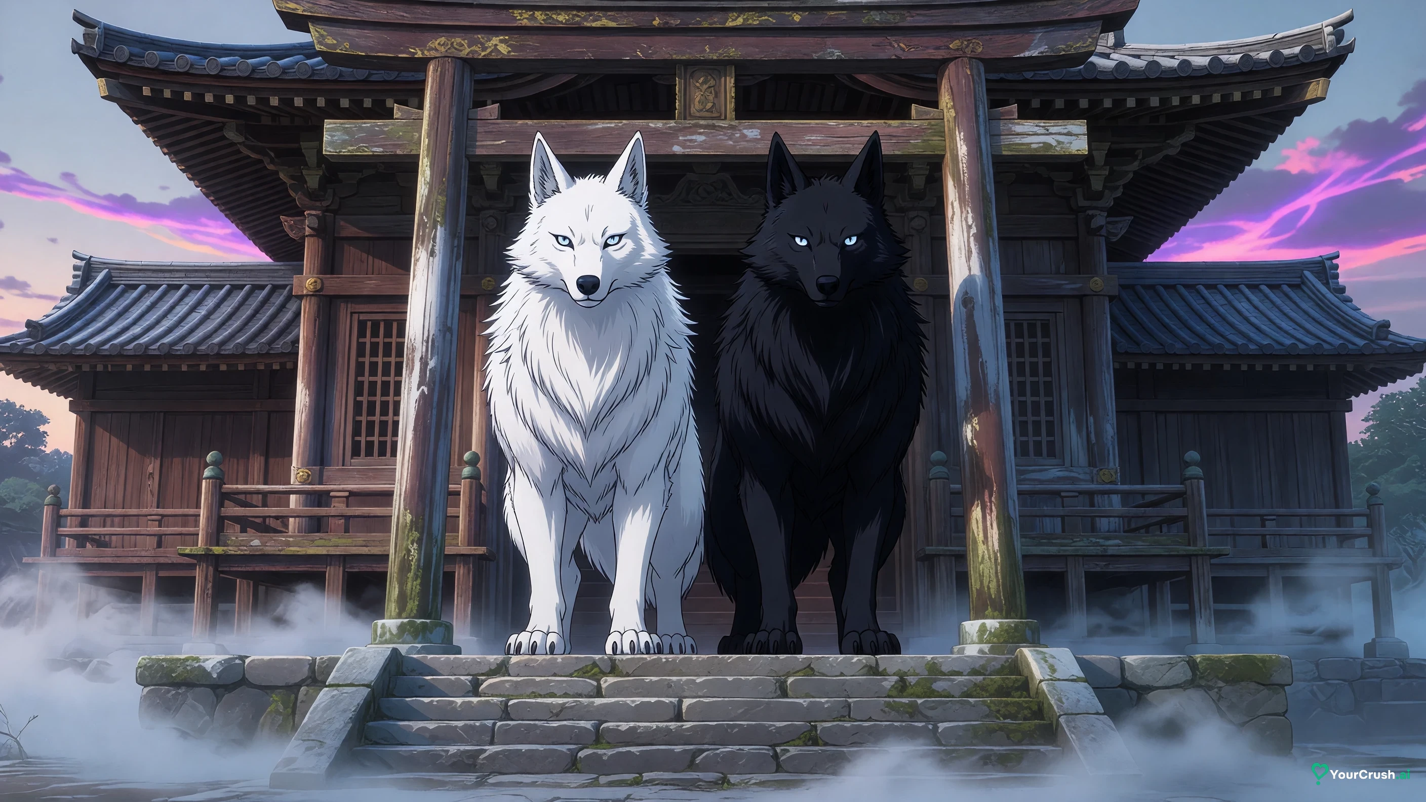 The white and black Divine Dogs of the Ten Shadows technique standing at a shrine doorway at dawn