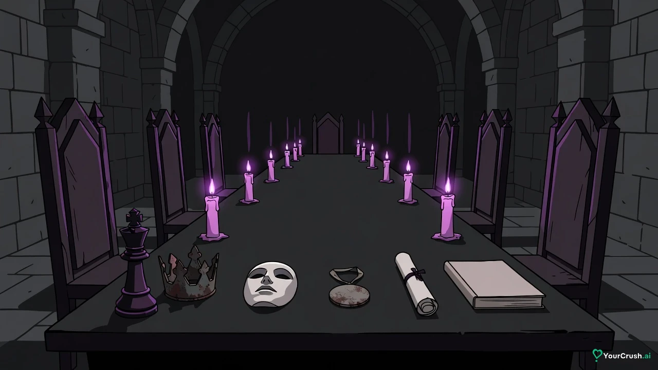 A candlelit council table with six empty high-backed chairs, each with a different object before it