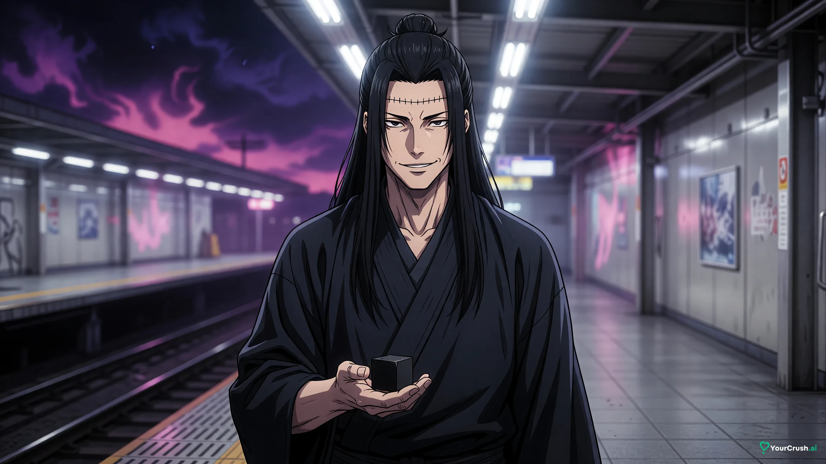 Kenjaku in Suguru Geto's body holding the Prison Realm cube on a Shibuya subway platform
