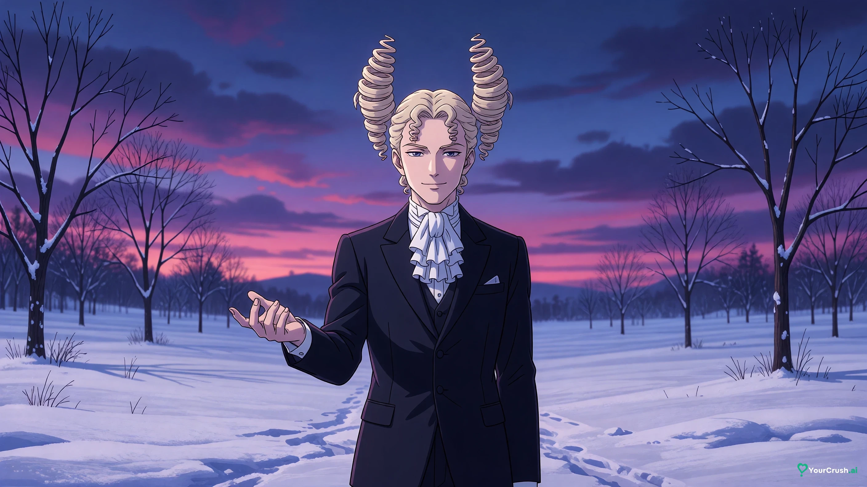 Funny Valentine holding out his hand to offer Johnny a deal in a snowy field