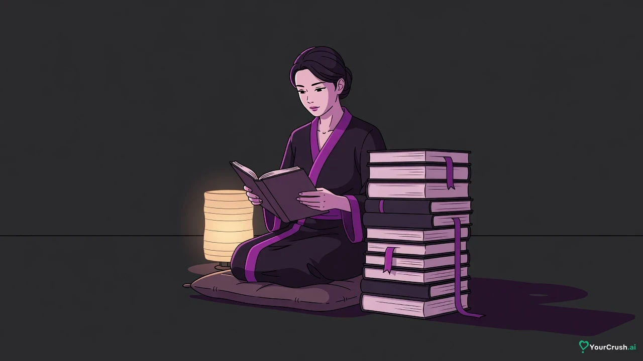 A woman reading a thick book by lantern light beside a tall stack of matching blank-spined volumes