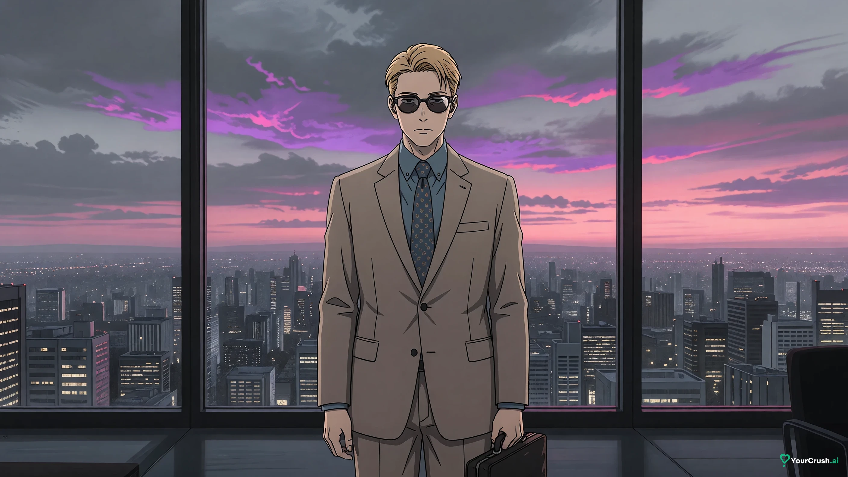 Kento Nanami from Jujutsu Kaisen as an adult standing by an office window at evening