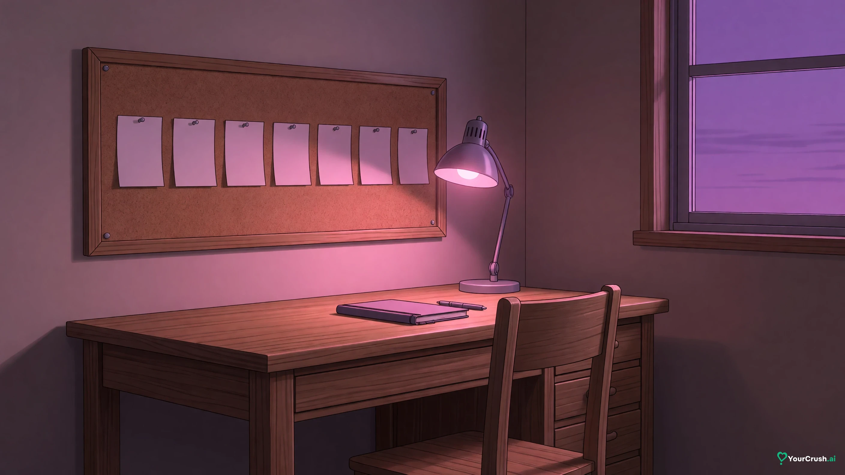 A writing desk with blank cards pinned to a cork board under pink lamplight