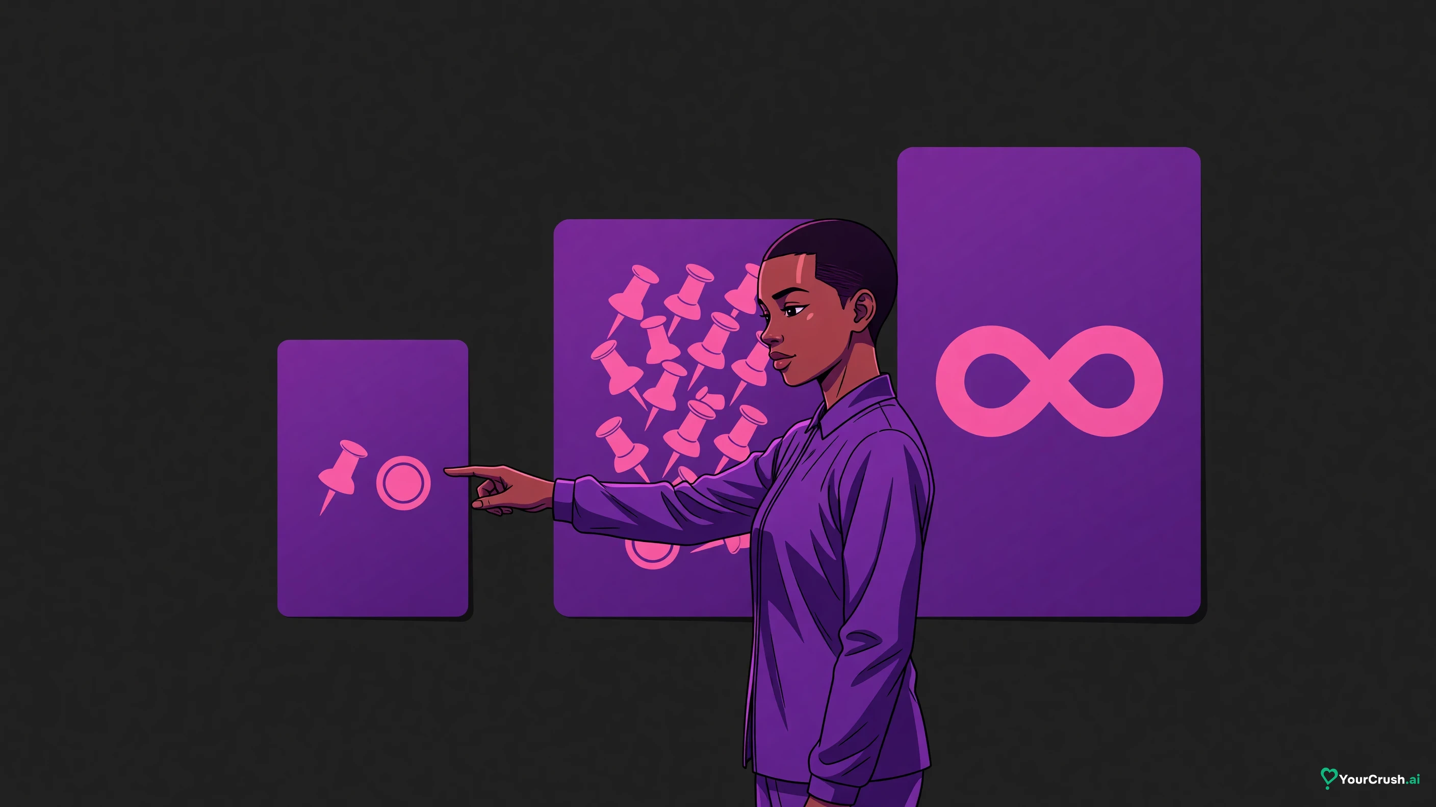 Anime companion pointing at the smallest of three plan cards: one pin and one coin, a cluster of pins, an infinity symbol