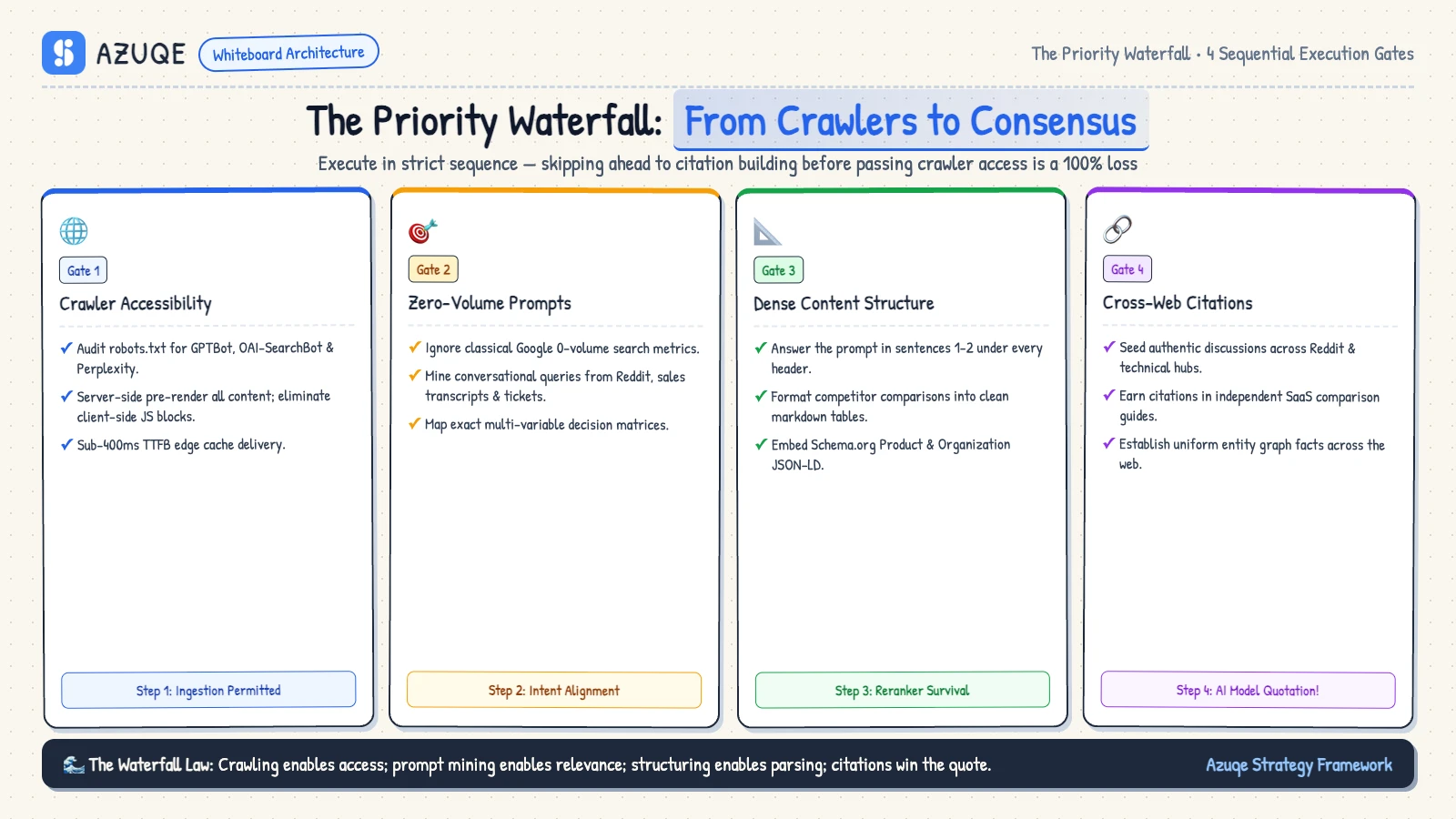 The Priority Waterfall: Crawler Access, Zero-Volume Demand, Dense Structure, and Citations