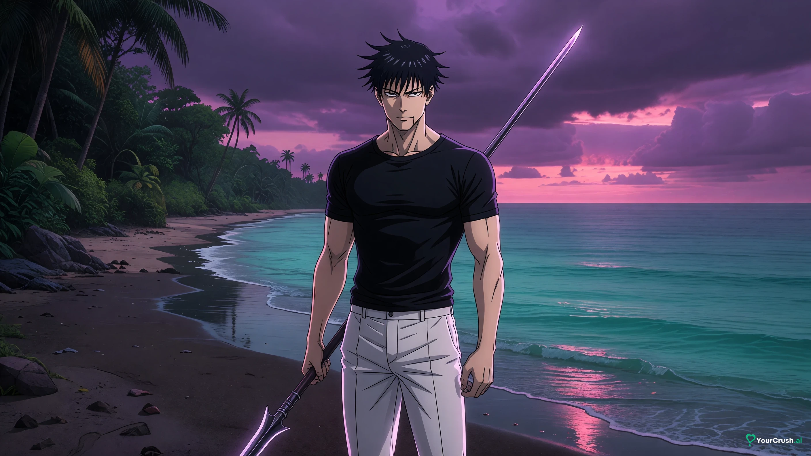 Toji Fushiguro from Jujutsu Kaisen standing on the beach of Dagon's domain holding a cursed spear