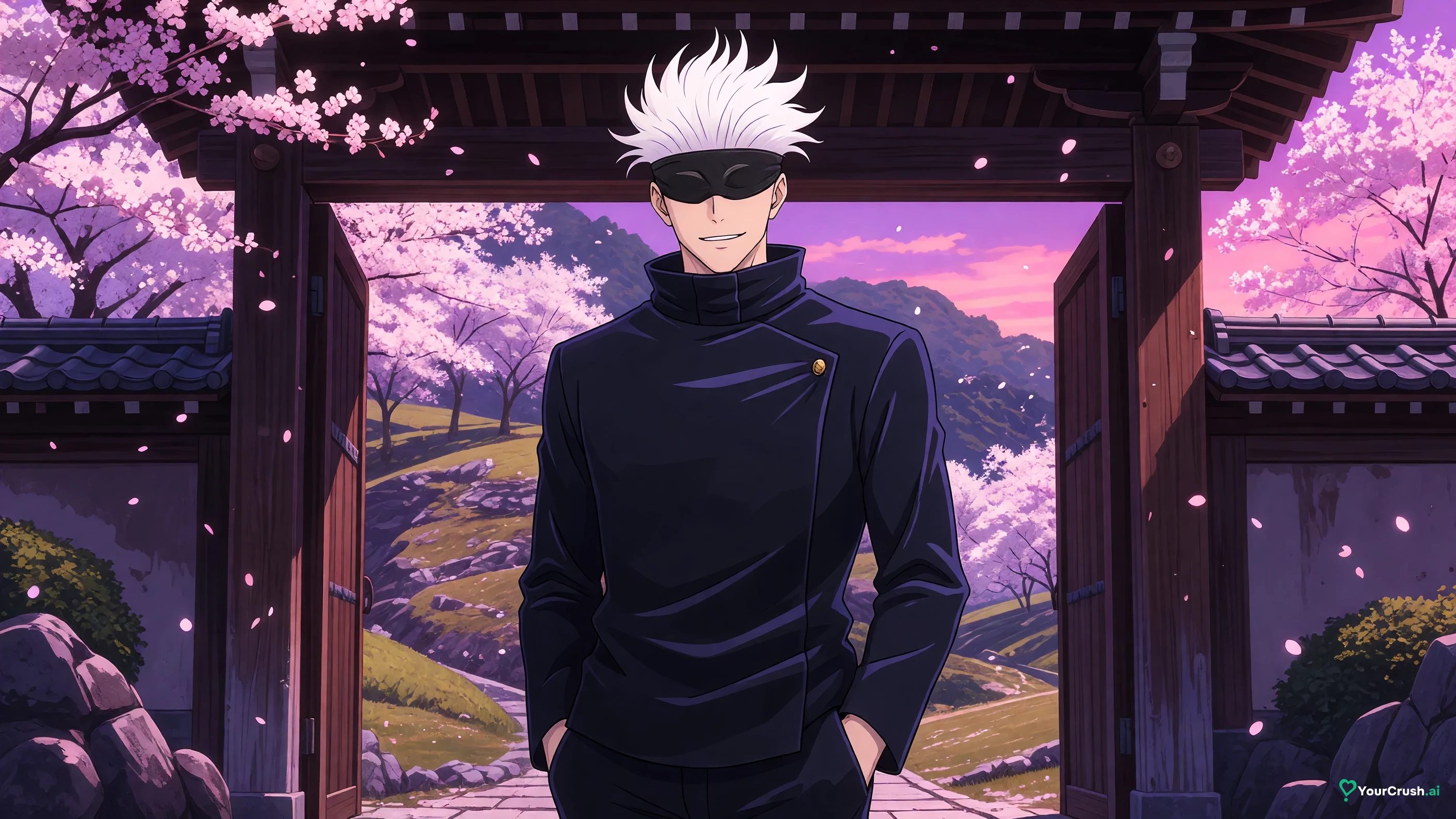 Satoru Gojo from Jujutsu Kaisen standing at a school gate in spring