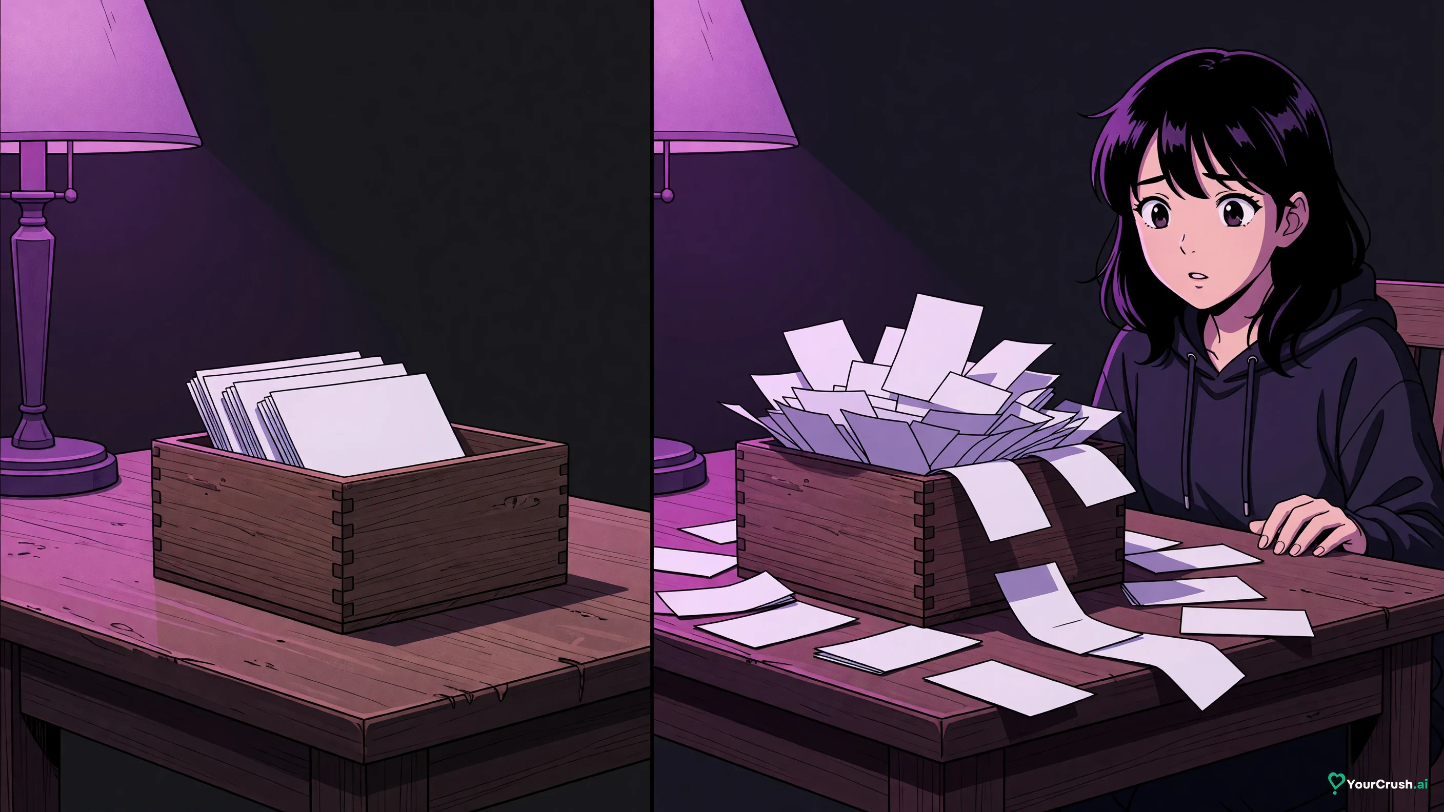 Two panels: a small wooden memory box with a few slips inside, then the same box overflowing with slips spilling out
