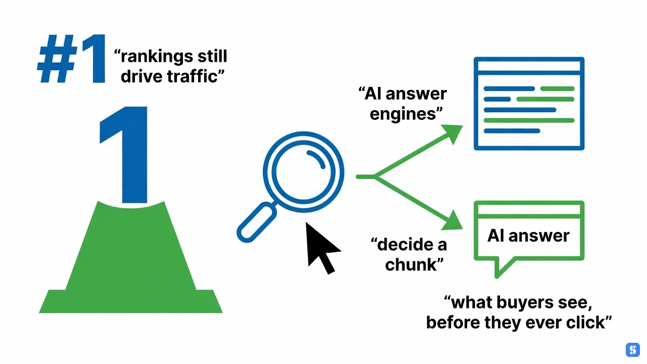 Split arrow between Google traffic and AI answer engine