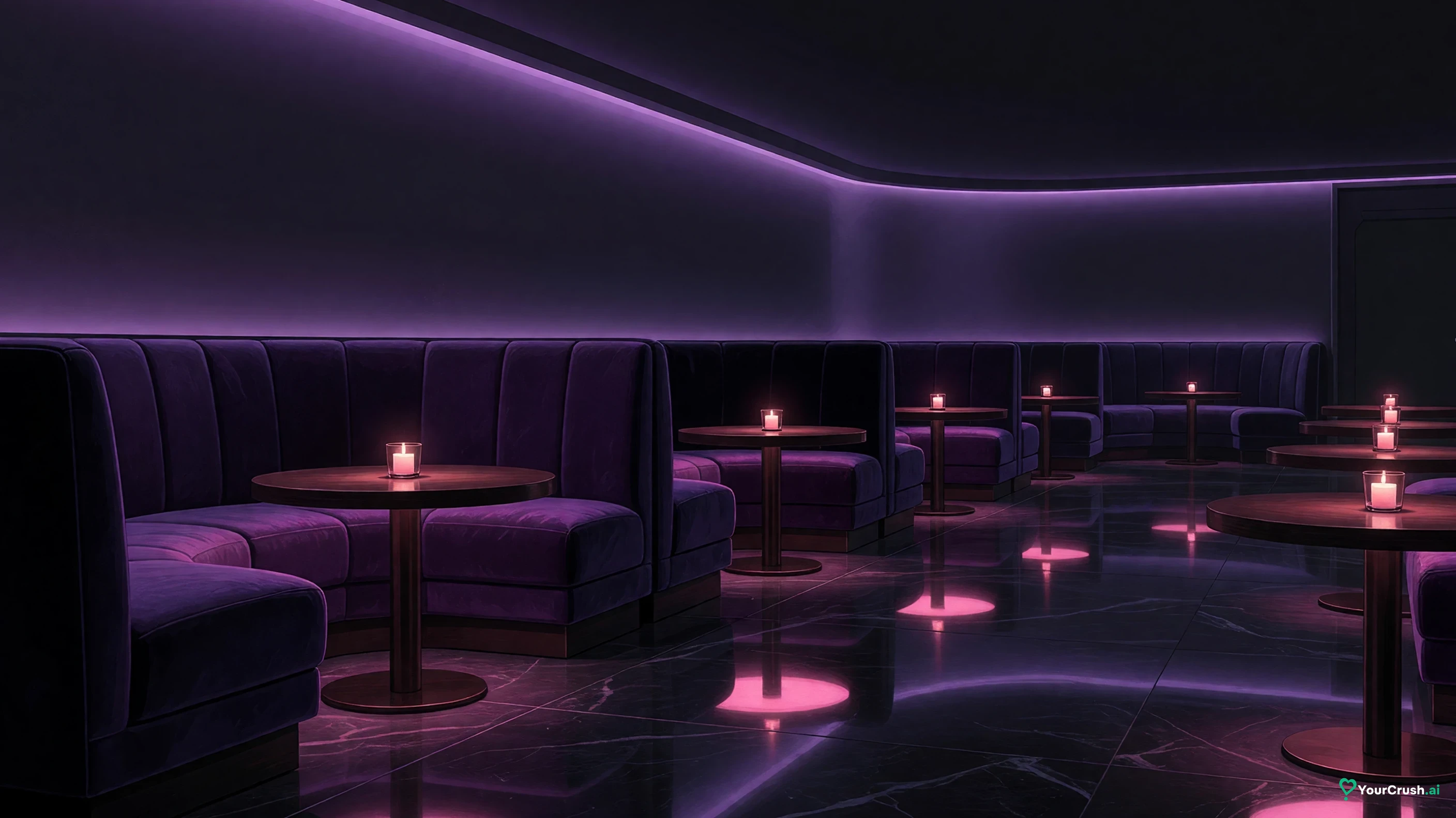 A row of empty lounge booths lit violet and pink at night