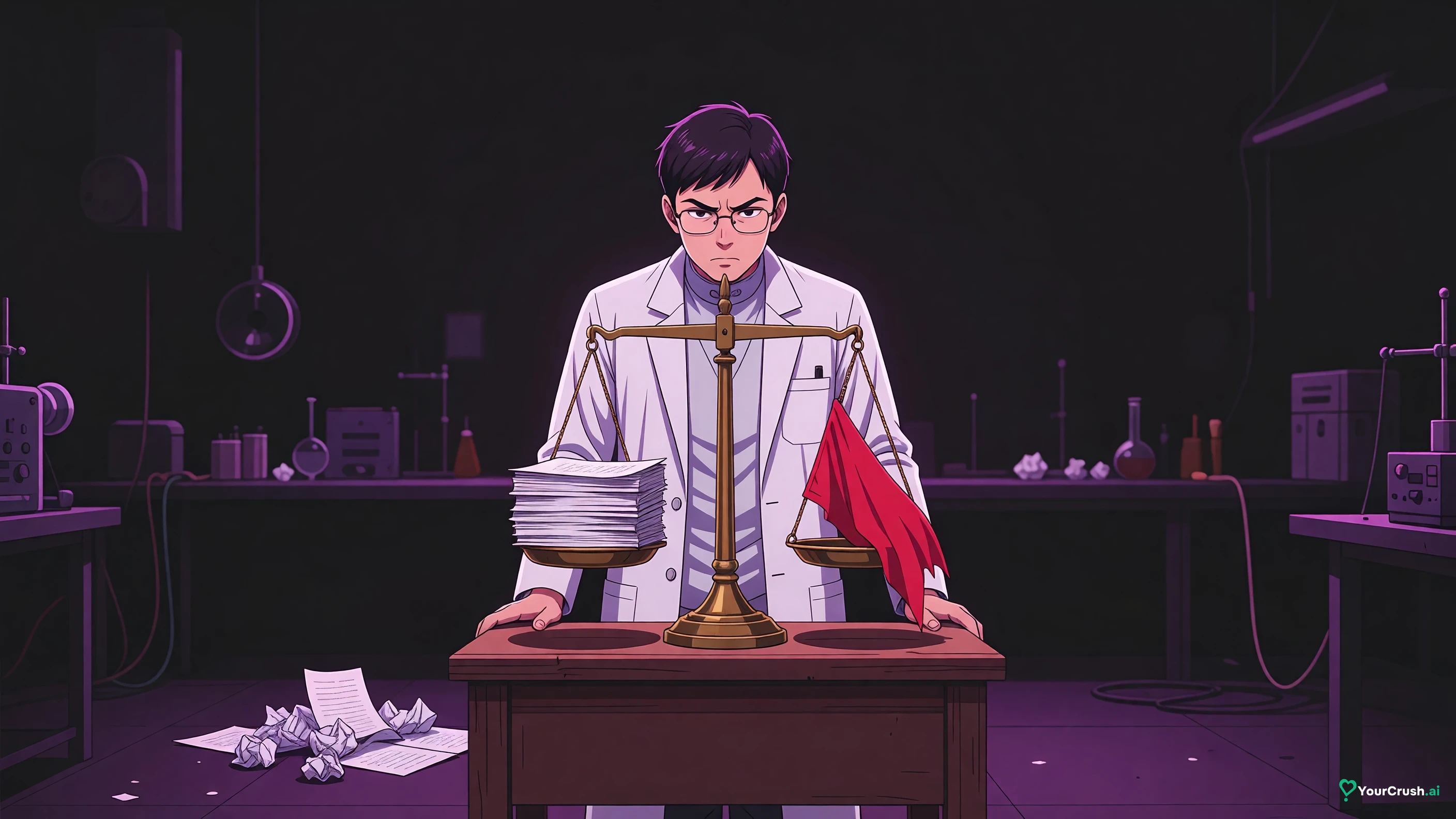 Anime researcher looking at a scale where a stack of human-written pages sits on the flagged side