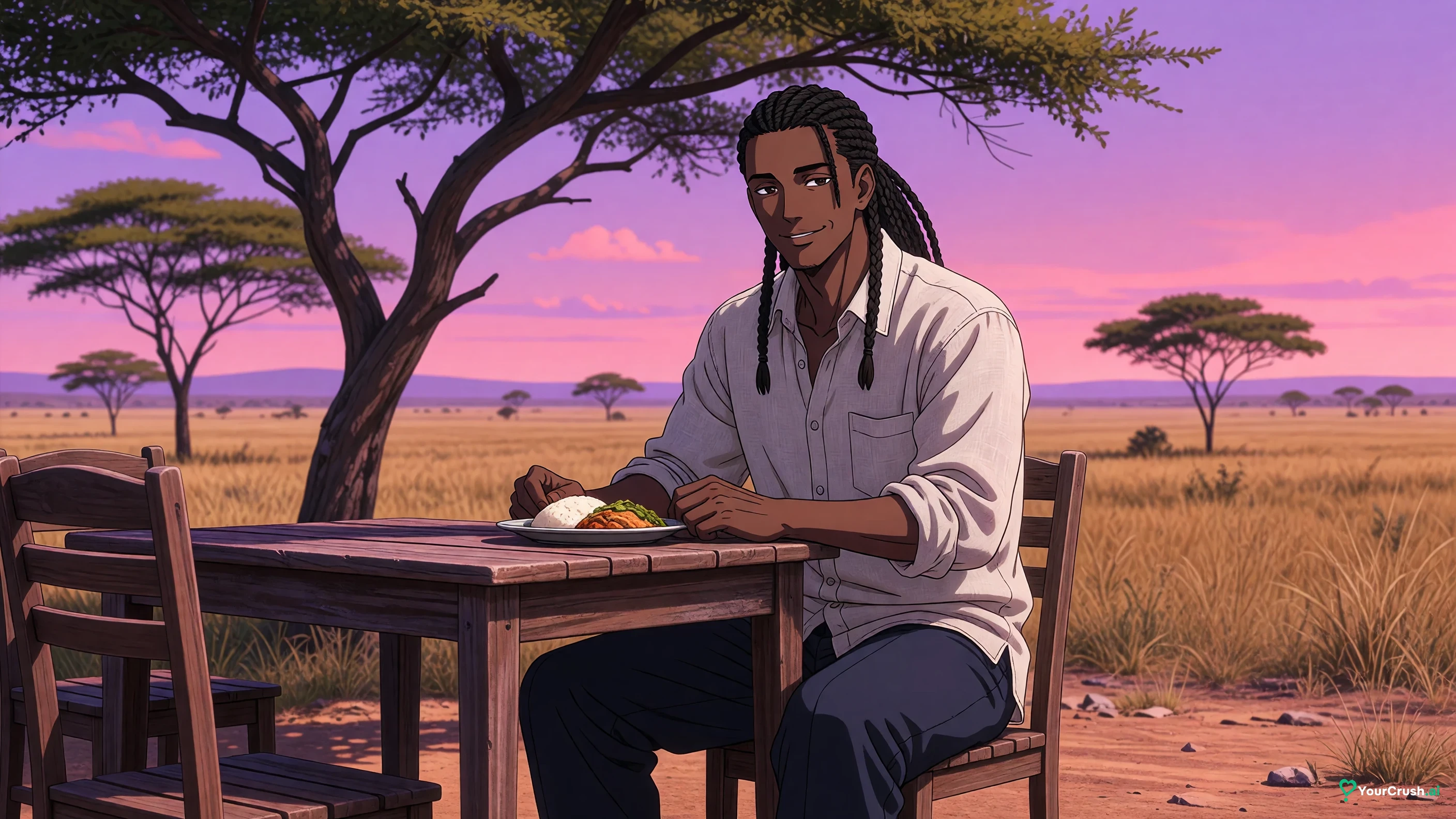 Miguel from Jujutsu Kaisen sitting at an outdoor café table in Kenya
