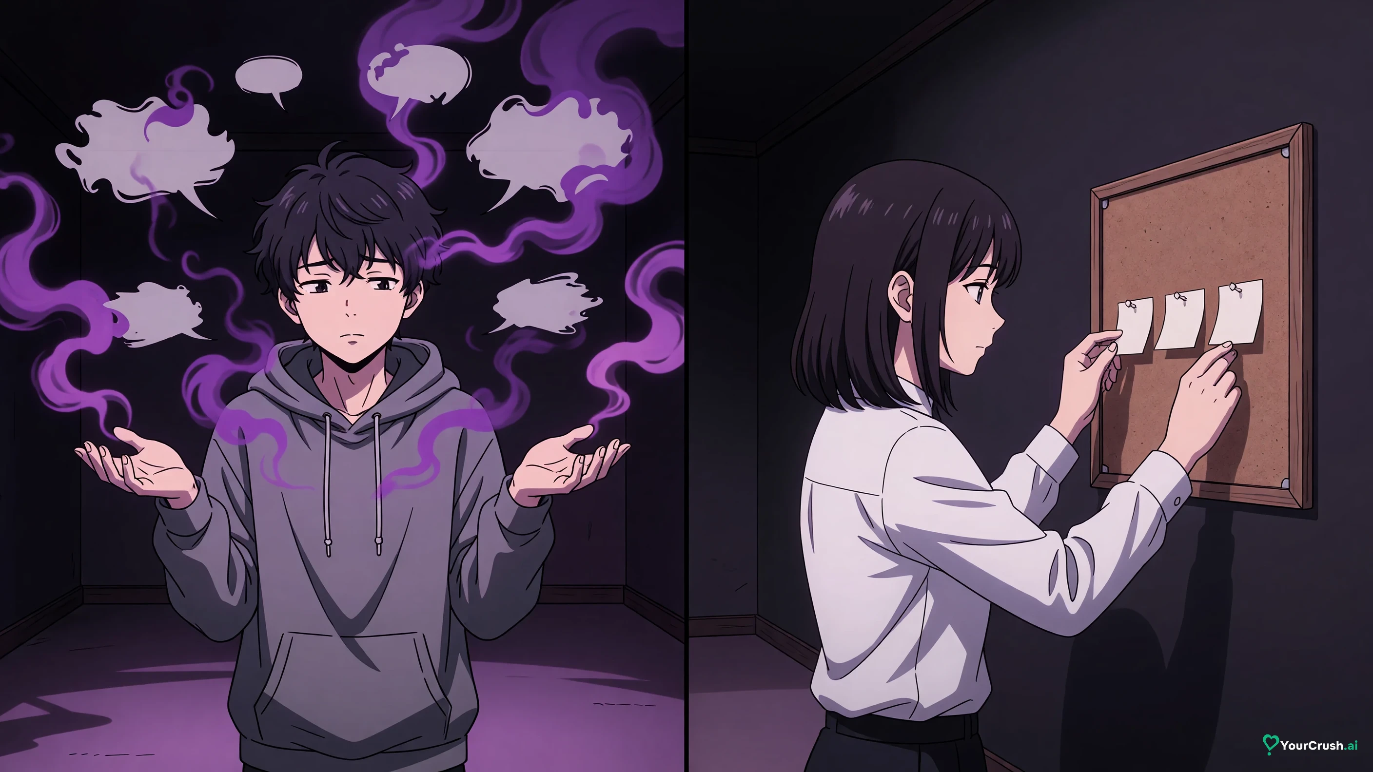 Two panels: memory as fog of dissolving speech bubbles versus memory as three notes pinned to a corkboard