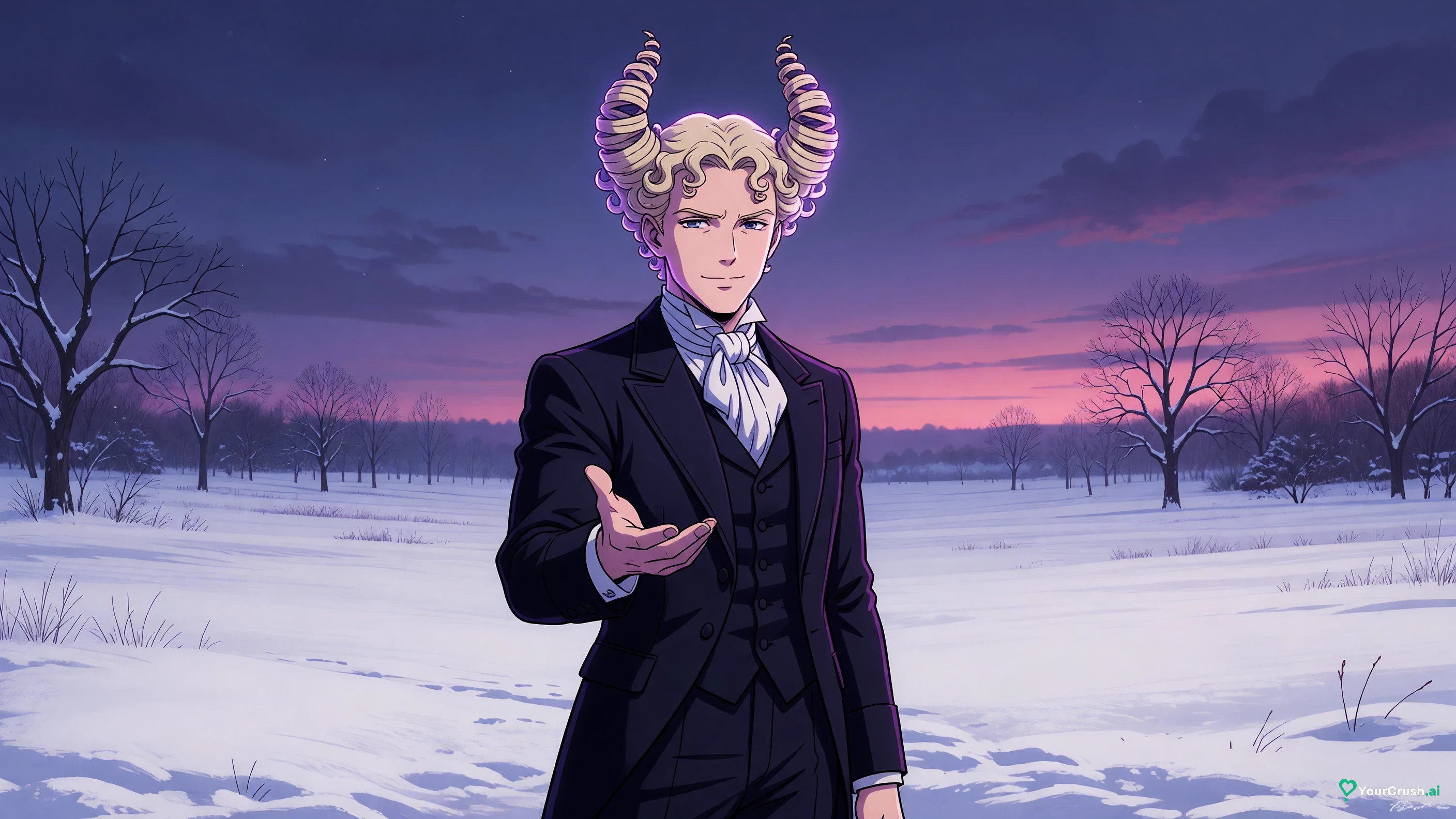 Funny Valentine holding out his hand to make an offer in a snowy field