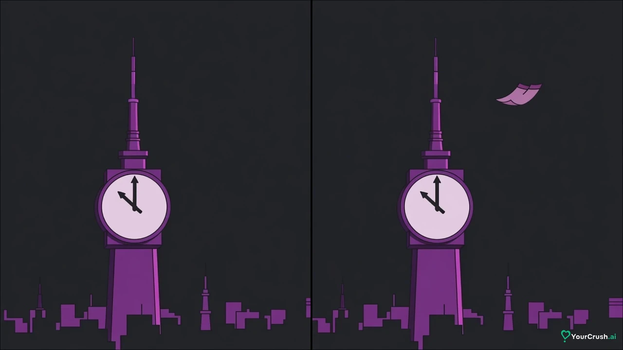 Two panels: a city broadcast tower with a clock at five to midnight, then the same tower just after midnight