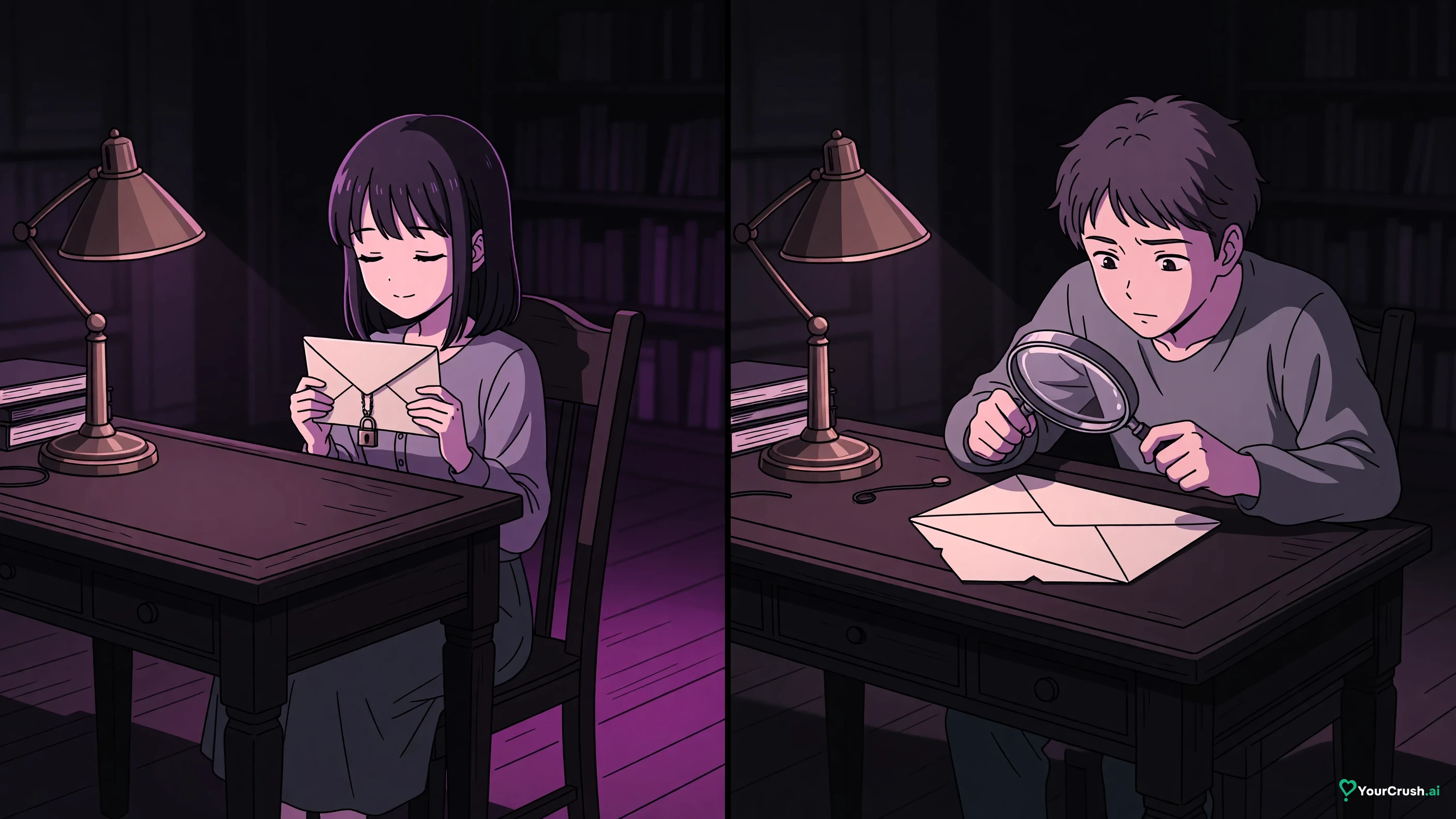Two panels: a sealed envelope with a padlock on the left, and a hand holding a magnifying glass over an open letter on the right