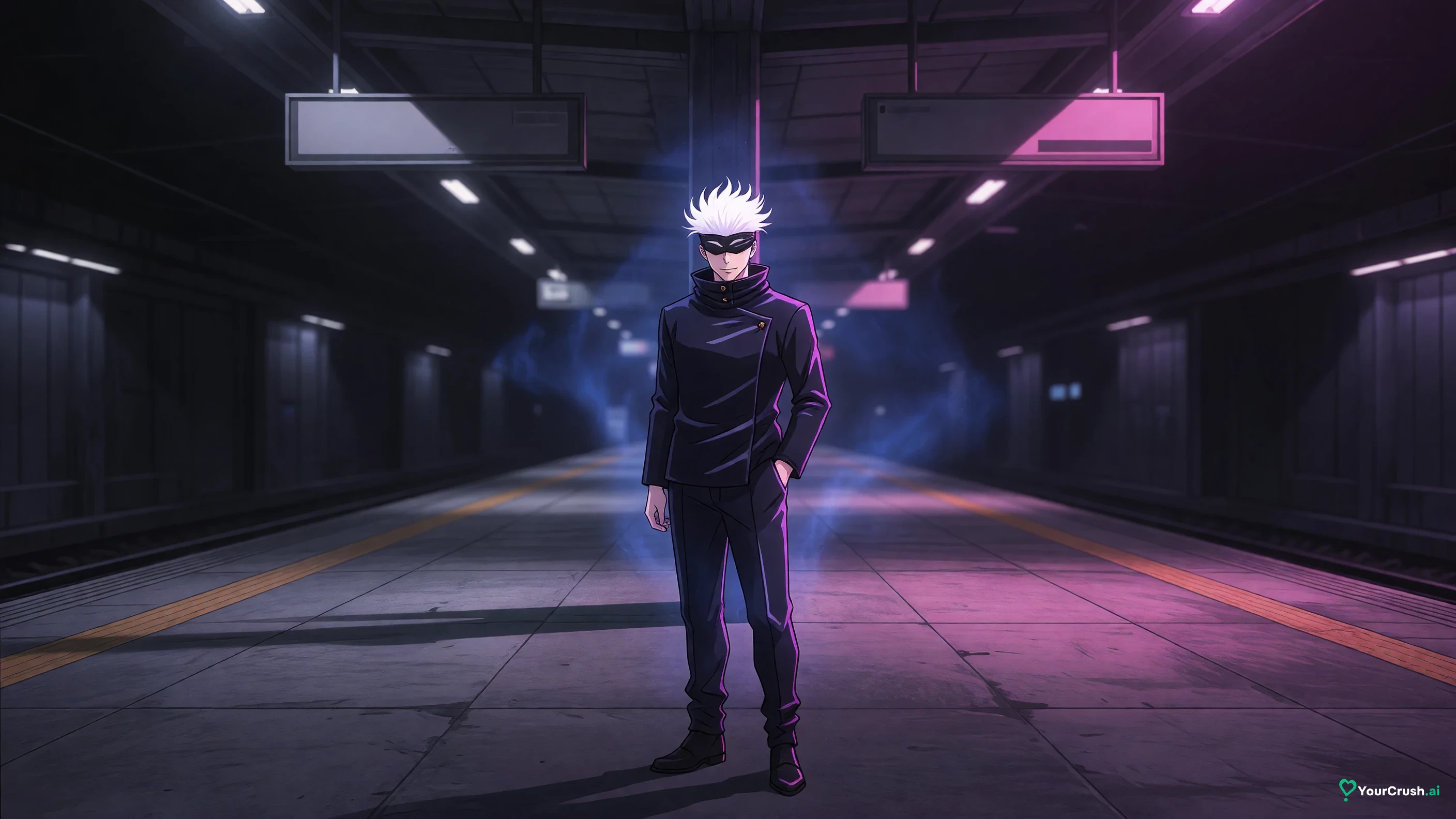 Satoru Gojo from Jujutsu Kaisen standing in an empty underground station after his release from the Prison Realm