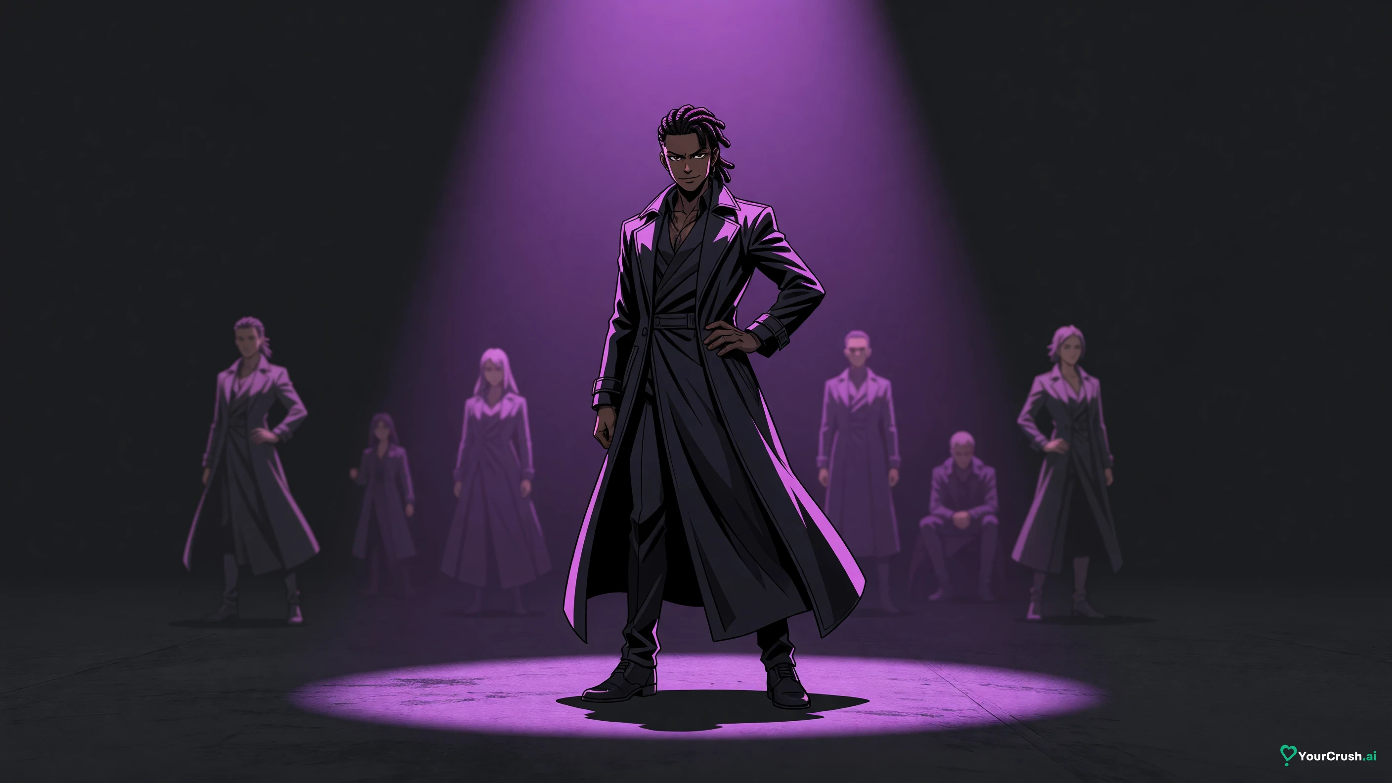 Anime lead character standing centre stage in a spotlight with the cast silhouetted behind