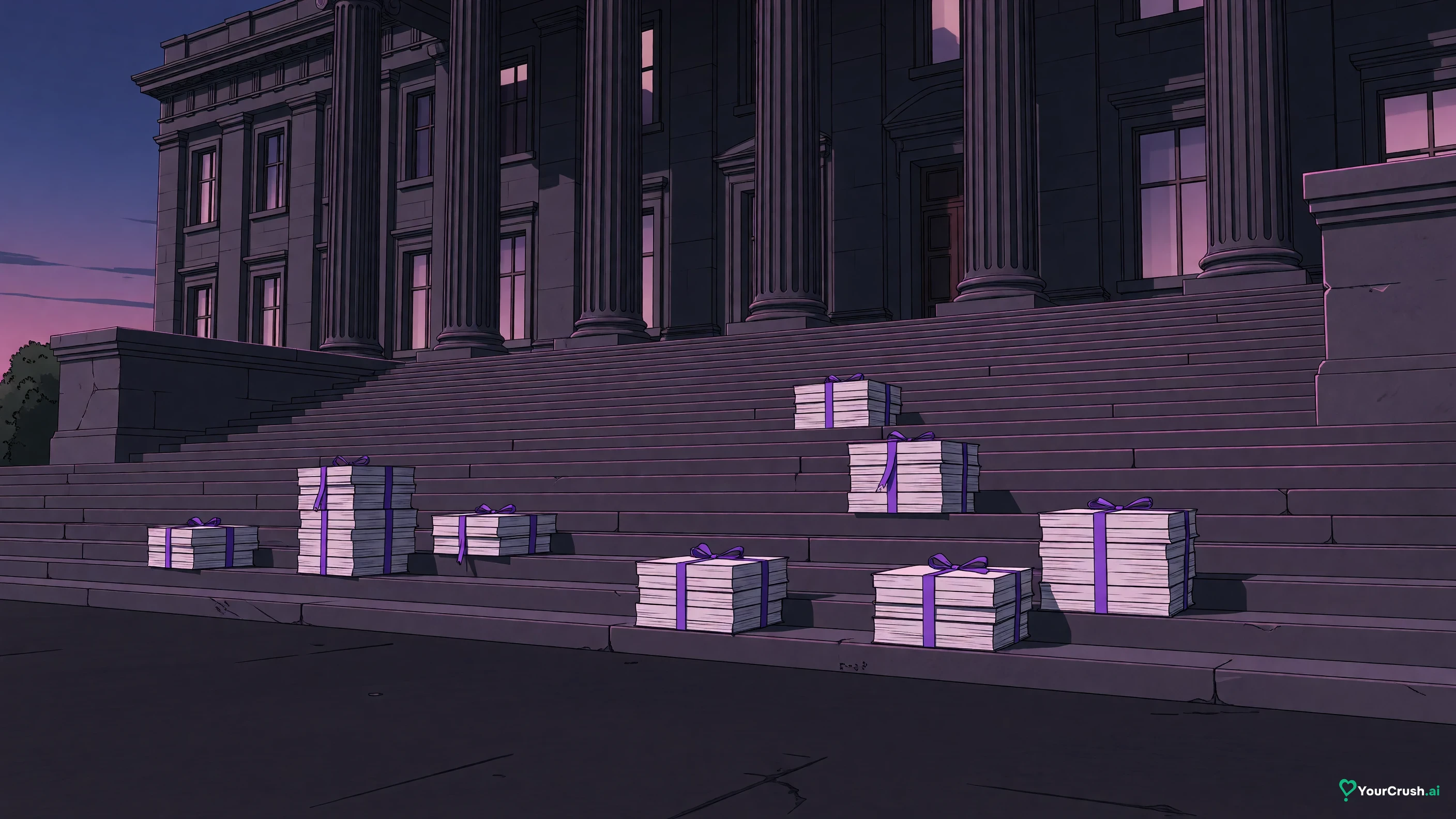 A columned government building at dusk with neat stacks of blank documents on the steps
