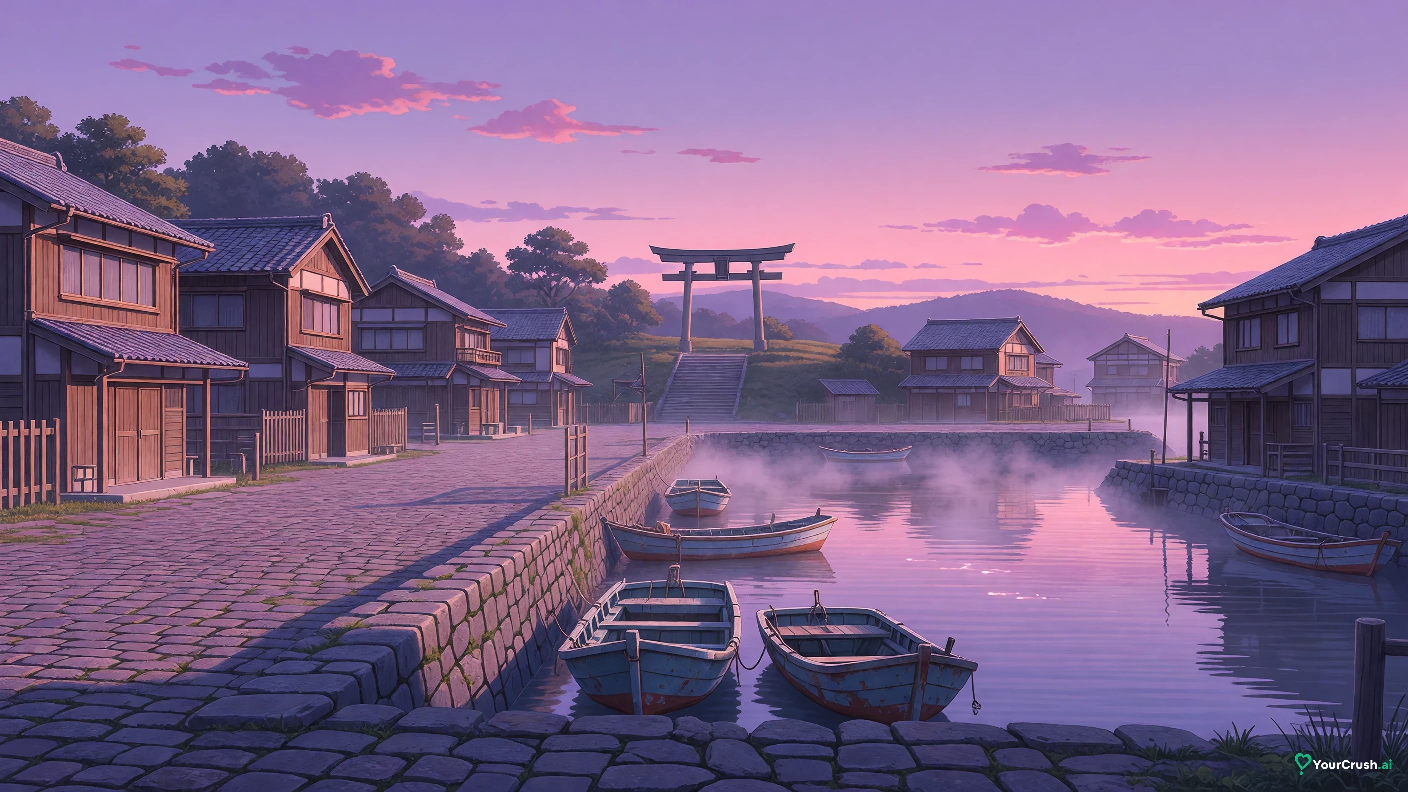 A quiet Japanese harbour town at dawn, a stand-in for the Japan of 2086 in Jujutsu Kaisen Modulo