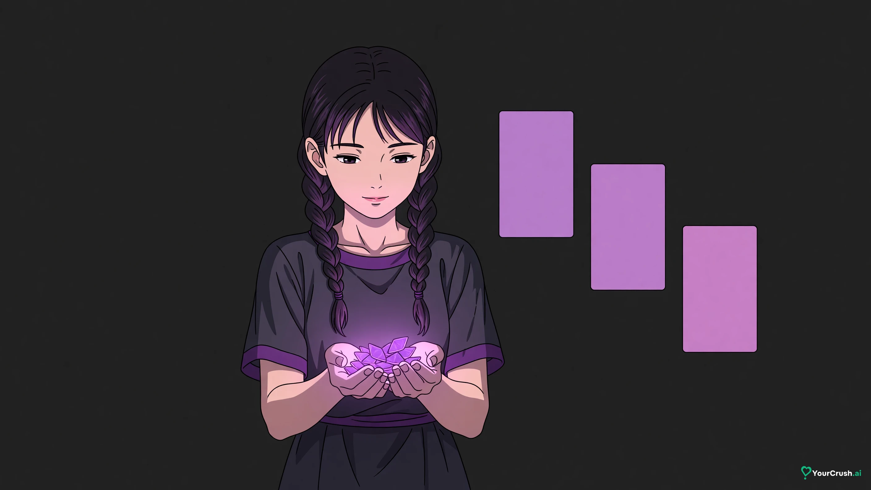 Anime character holding a handful of diamond-shaped tokens beside three unmarked plan cards
