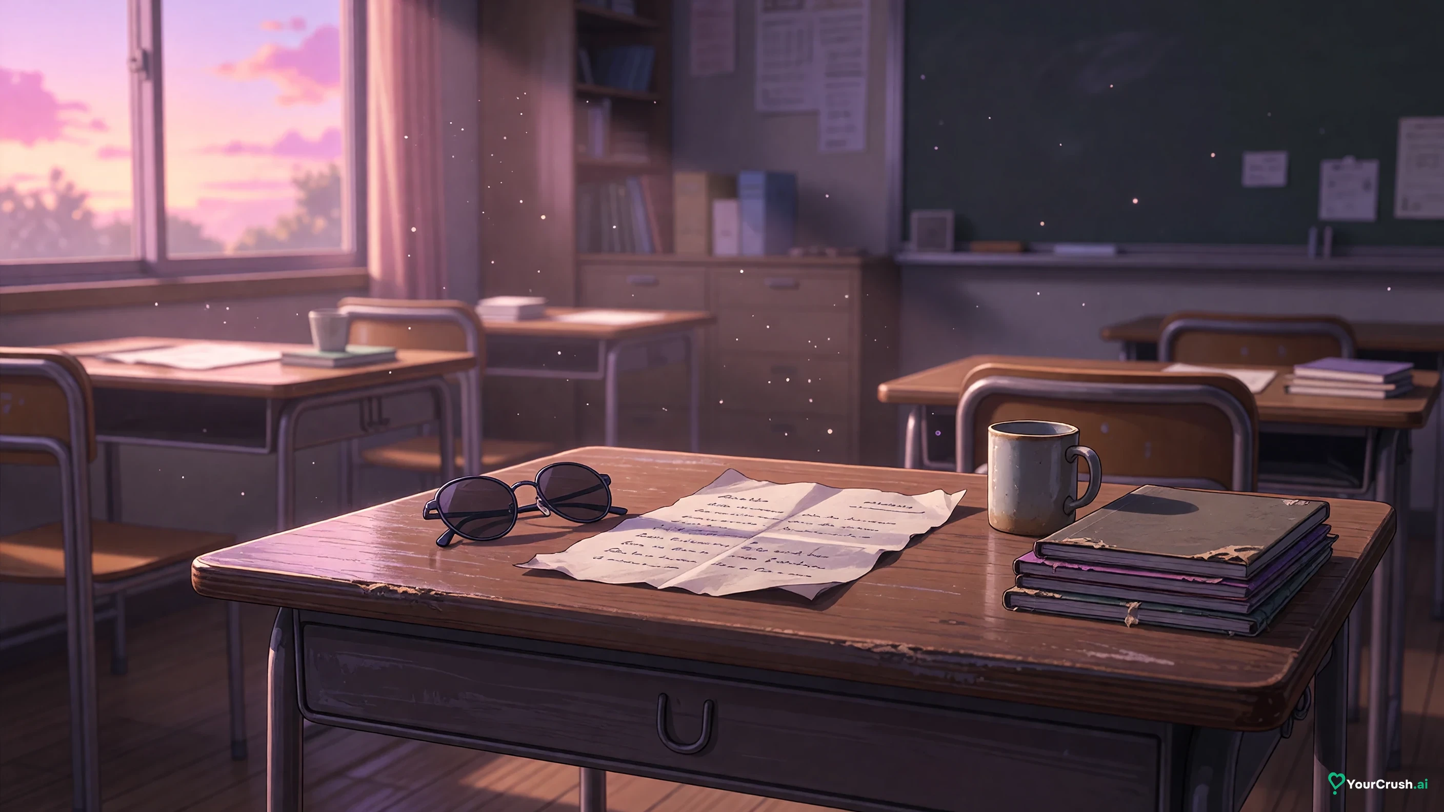 A handwritten letter and round sunglasses on a teacher's desk in afternoon light