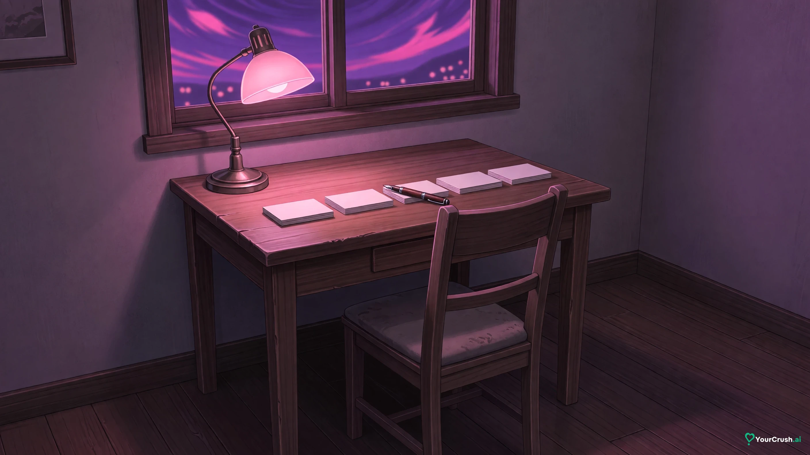 A writing desk at night with blank index cards and a pen under pink lamplight