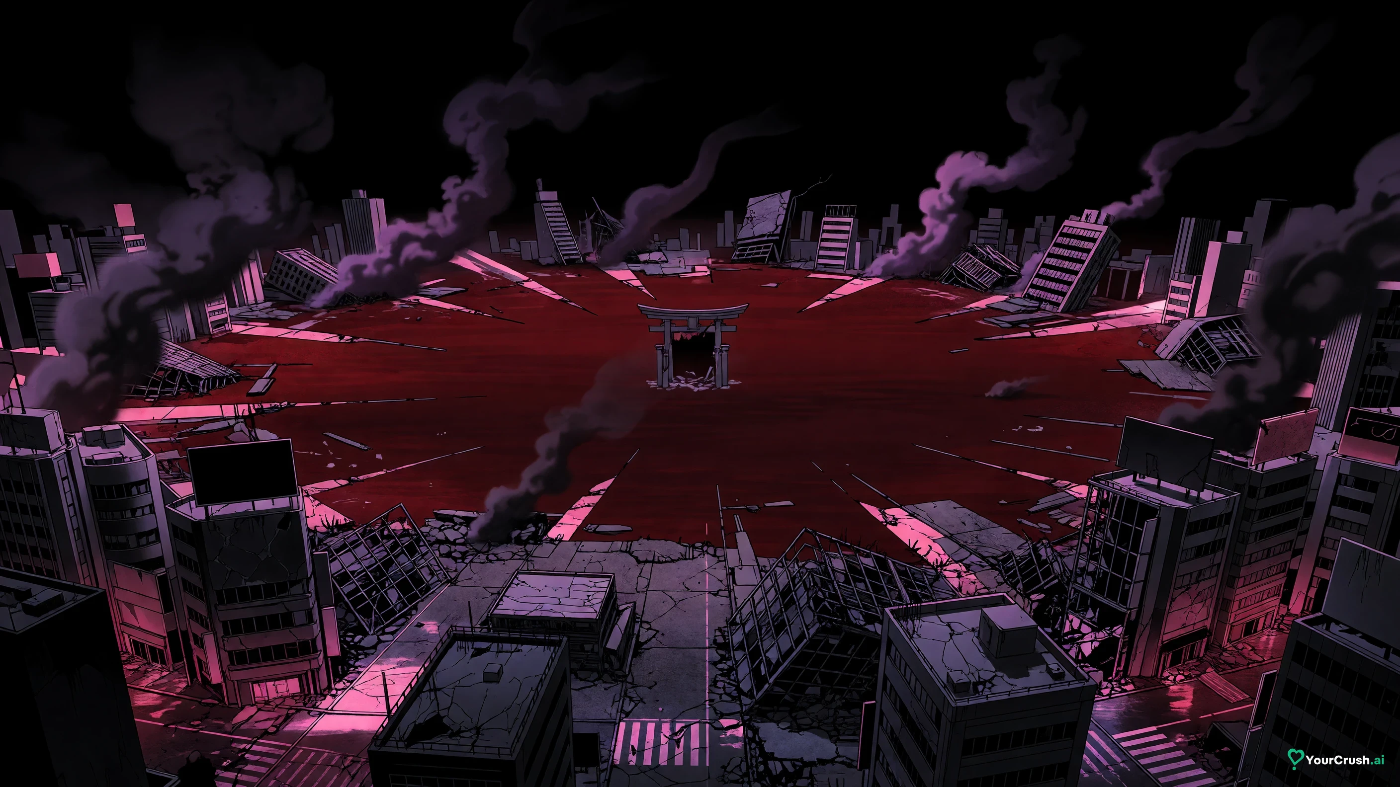 Flattened Shibuya ward with a shrine silhouette after Sukuna's Malevolent Shrine