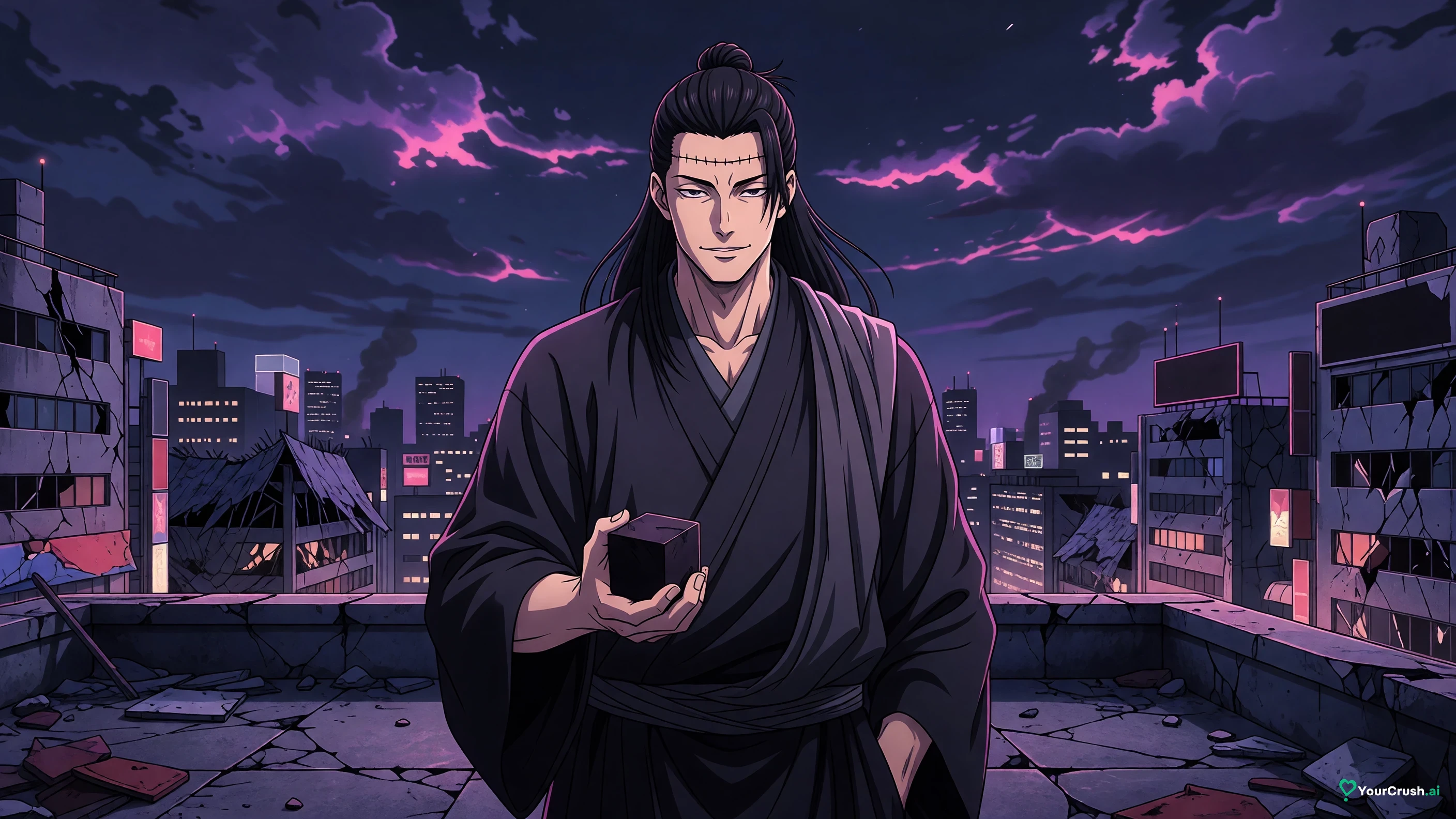 Kenjaku in Geto's body holding the Prison Realm on a Shibuya rooftop at midnight