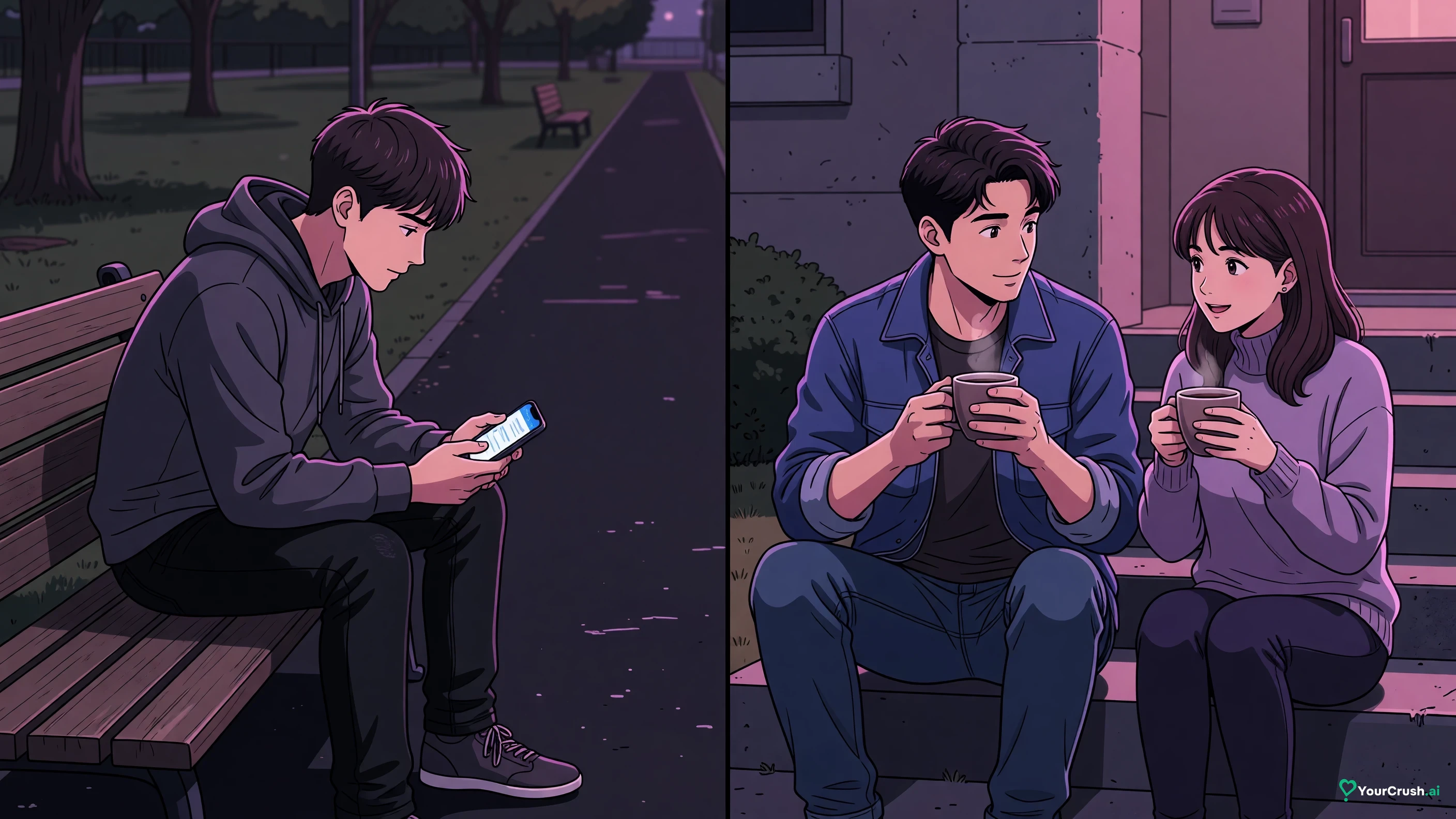 Two panels: a person on a bench looking at a phone with chat bubbles, then two friends talking face to face on steps