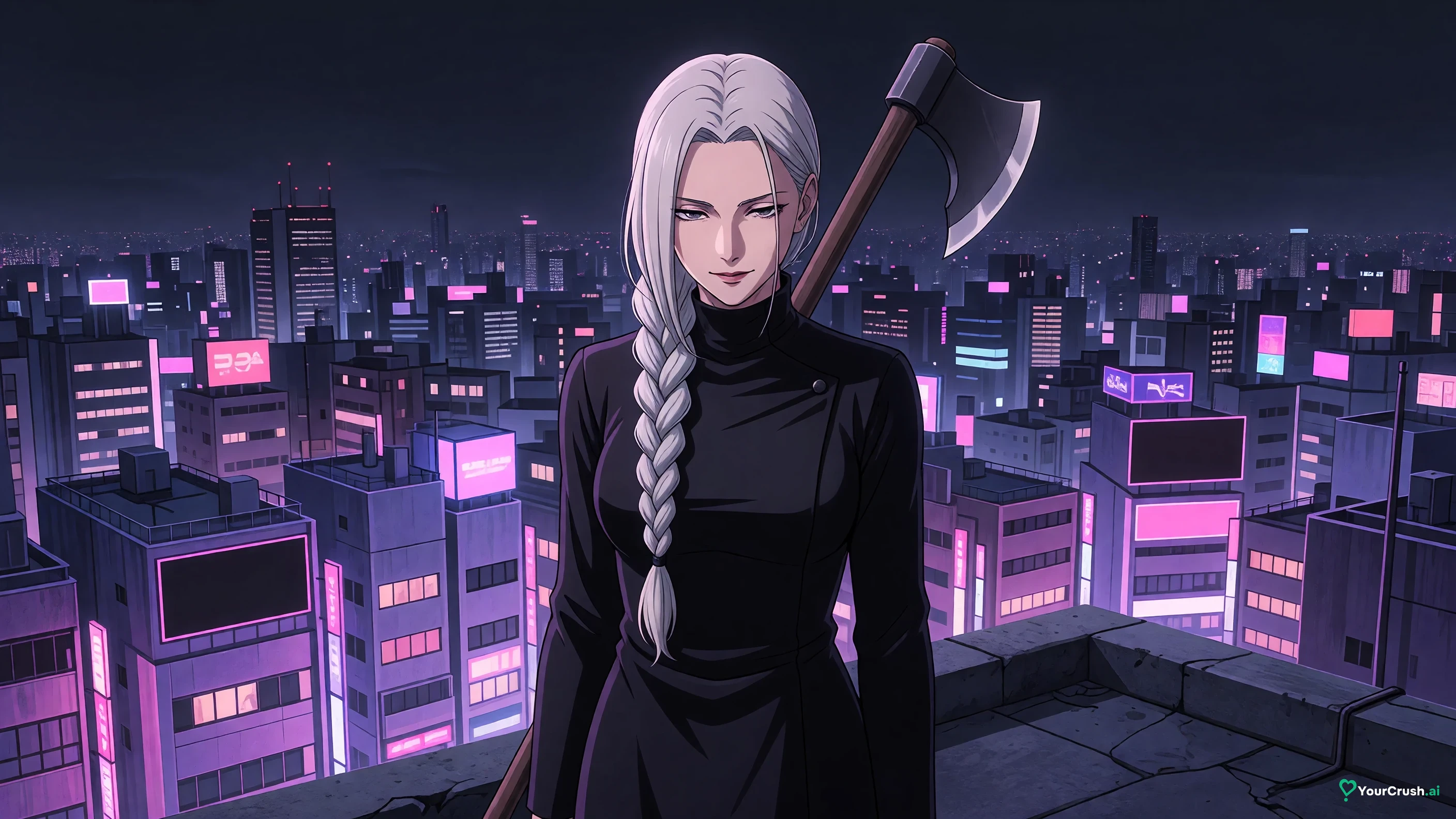 Mei Mei from Jujutsu Kaisen on a Shibuya rooftop at night with her axe on her shoulder