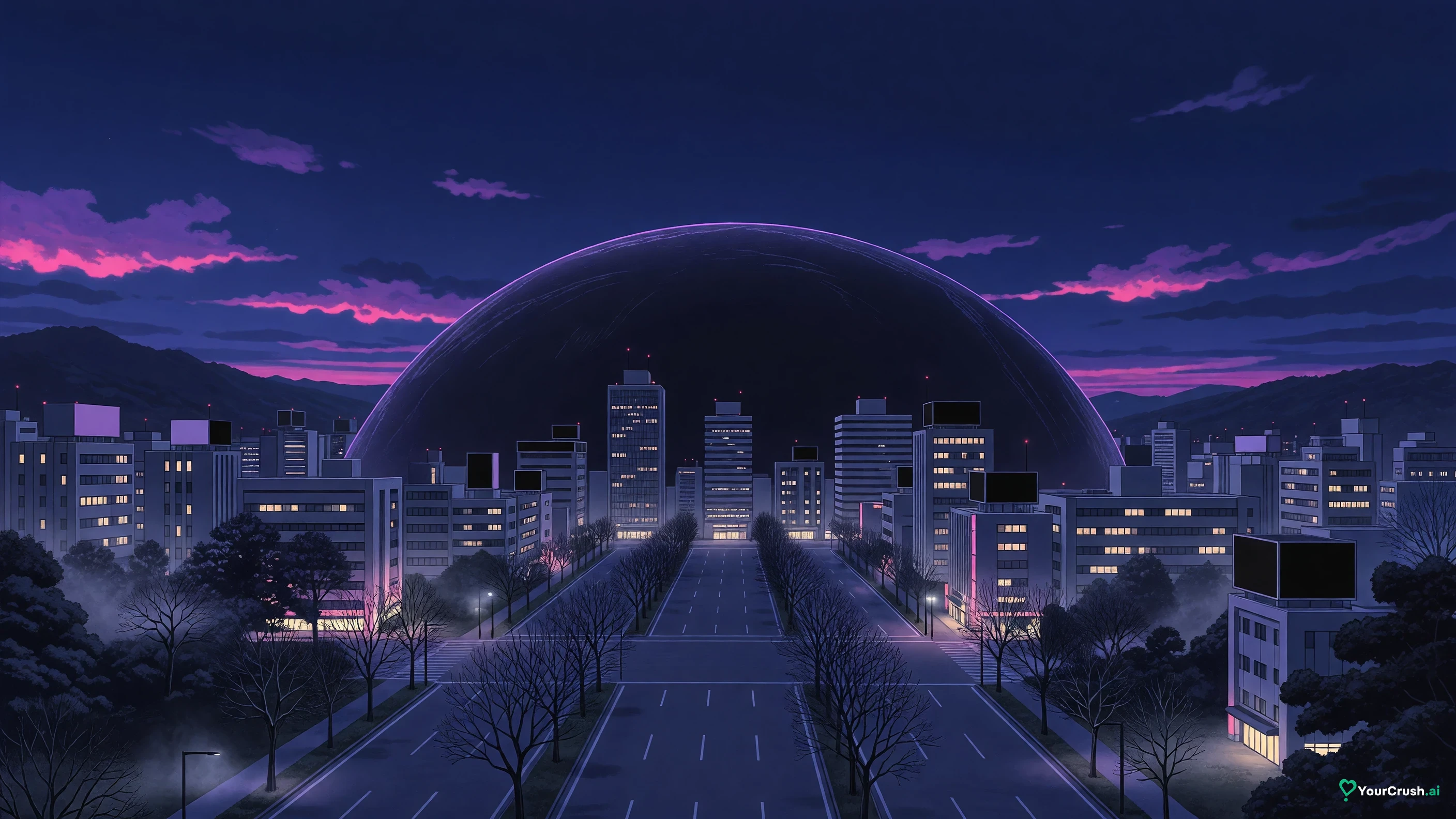 Sendai at night under a dark barrier dome, where Jujutsu Kaisen season 3 ends