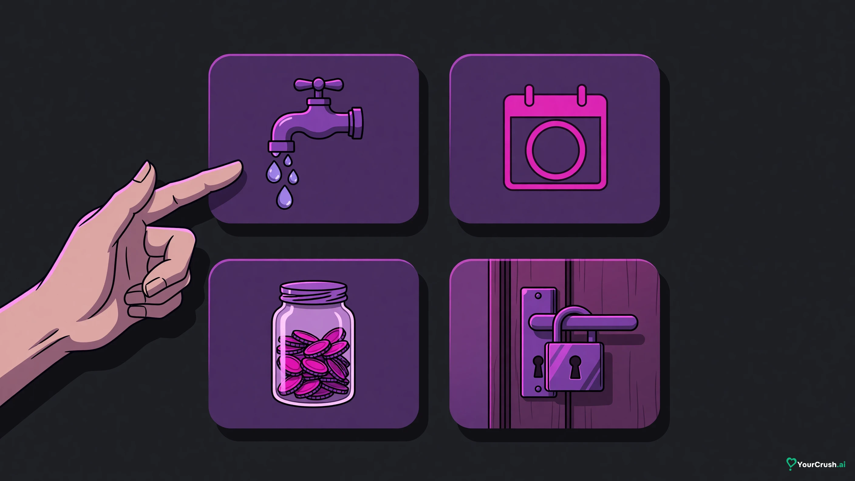 Four tiles showing four ways a free tier is metered: a slow tap, a daily calendar, a jar of coins, a locked door
