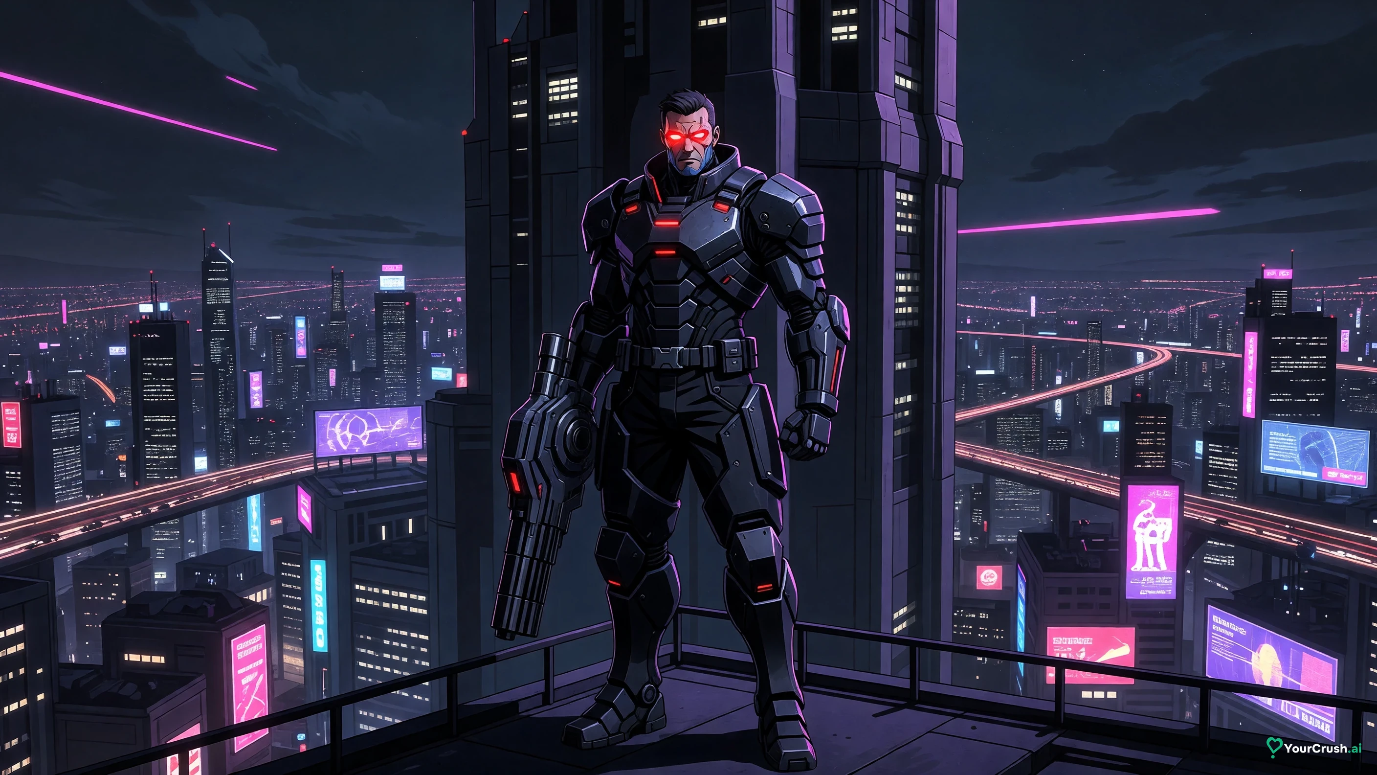 Adam Smasher from Cyberpunk Edgerunners standing on a terrace of Arasaka Tower over Night City