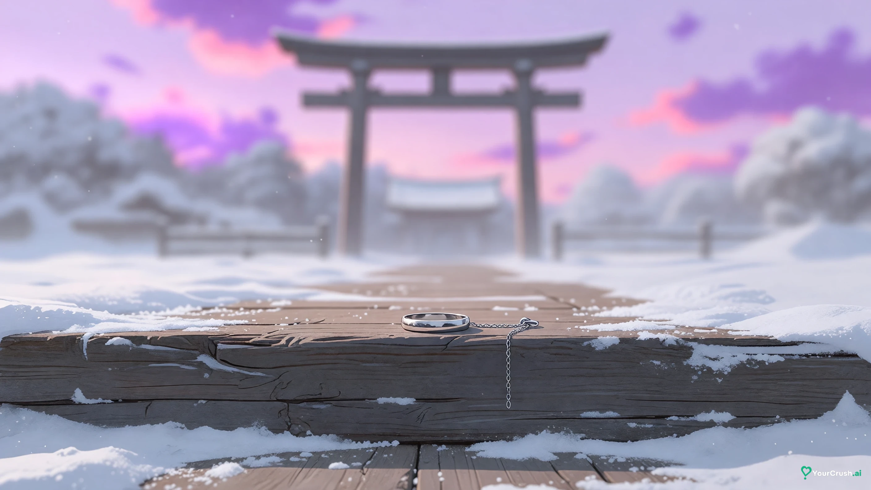 A silver ring on a chain resting on a wooden shrine step in winter light