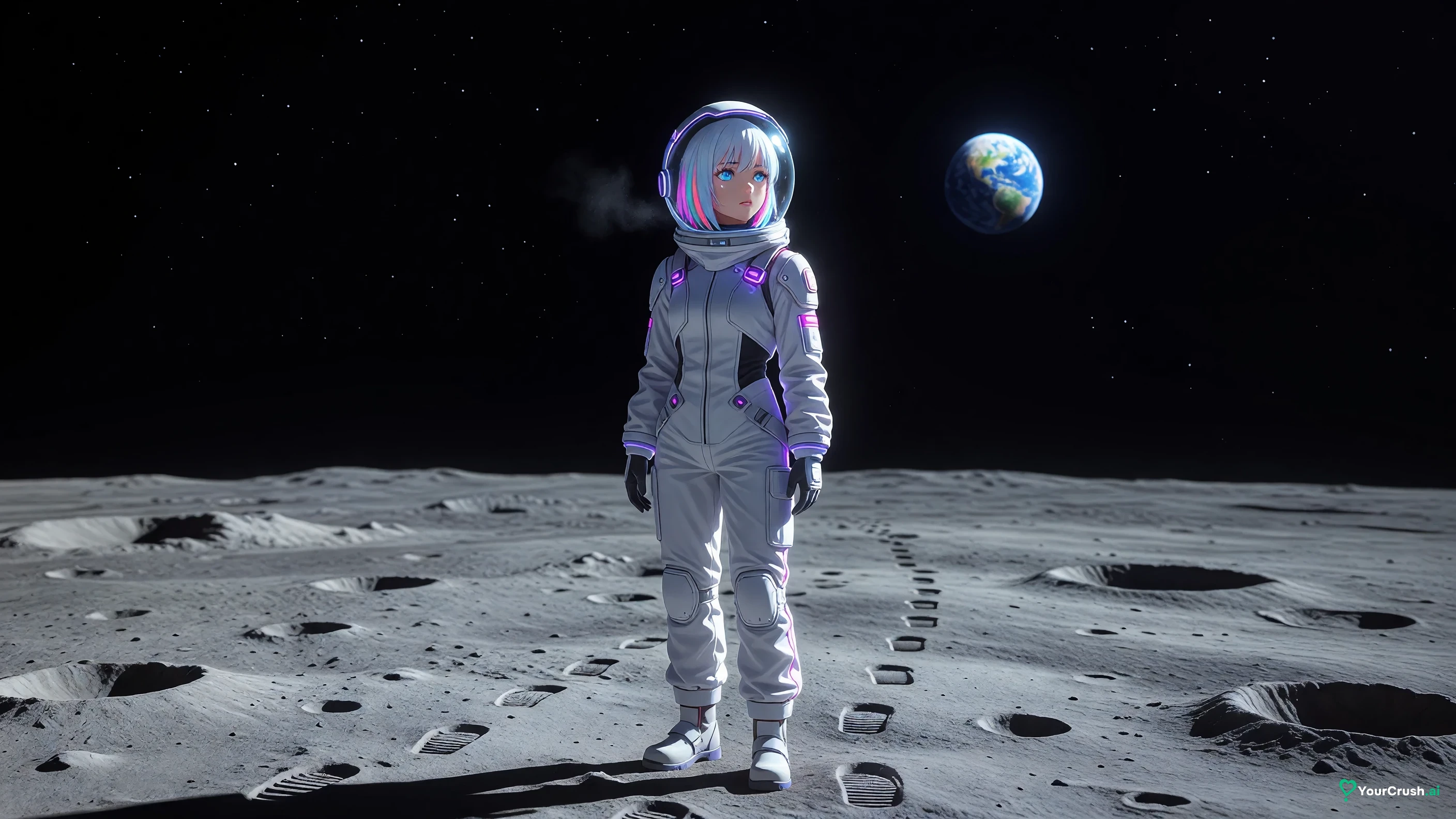 Lucy from Cyberpunk Edgerunners standing alone on the Moon looking at Earth