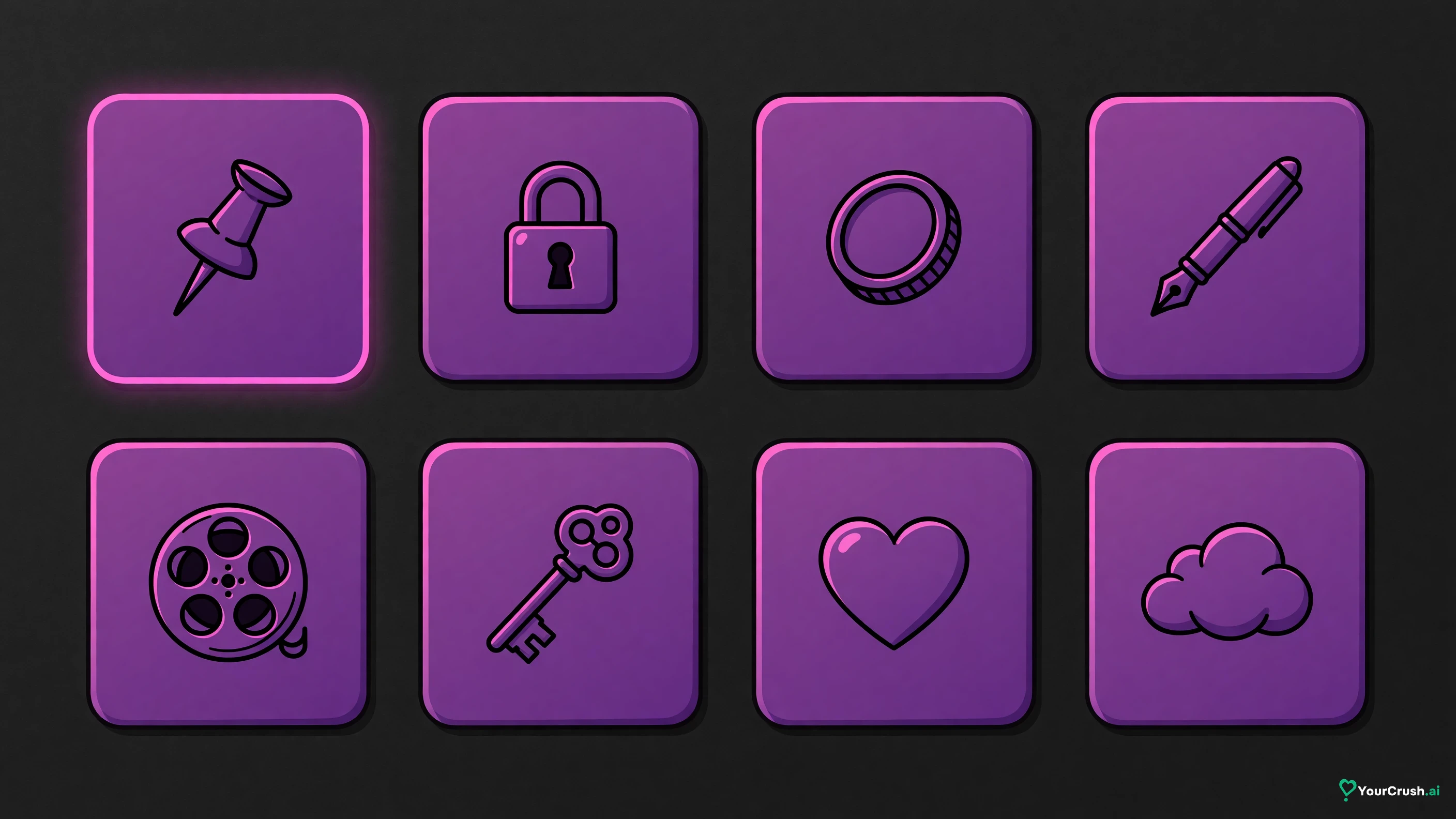 Eight small app tiles in a grid, each with one icon: a pin, a lock, a coin, a pen, a film reel, a key, a heart, a cloud