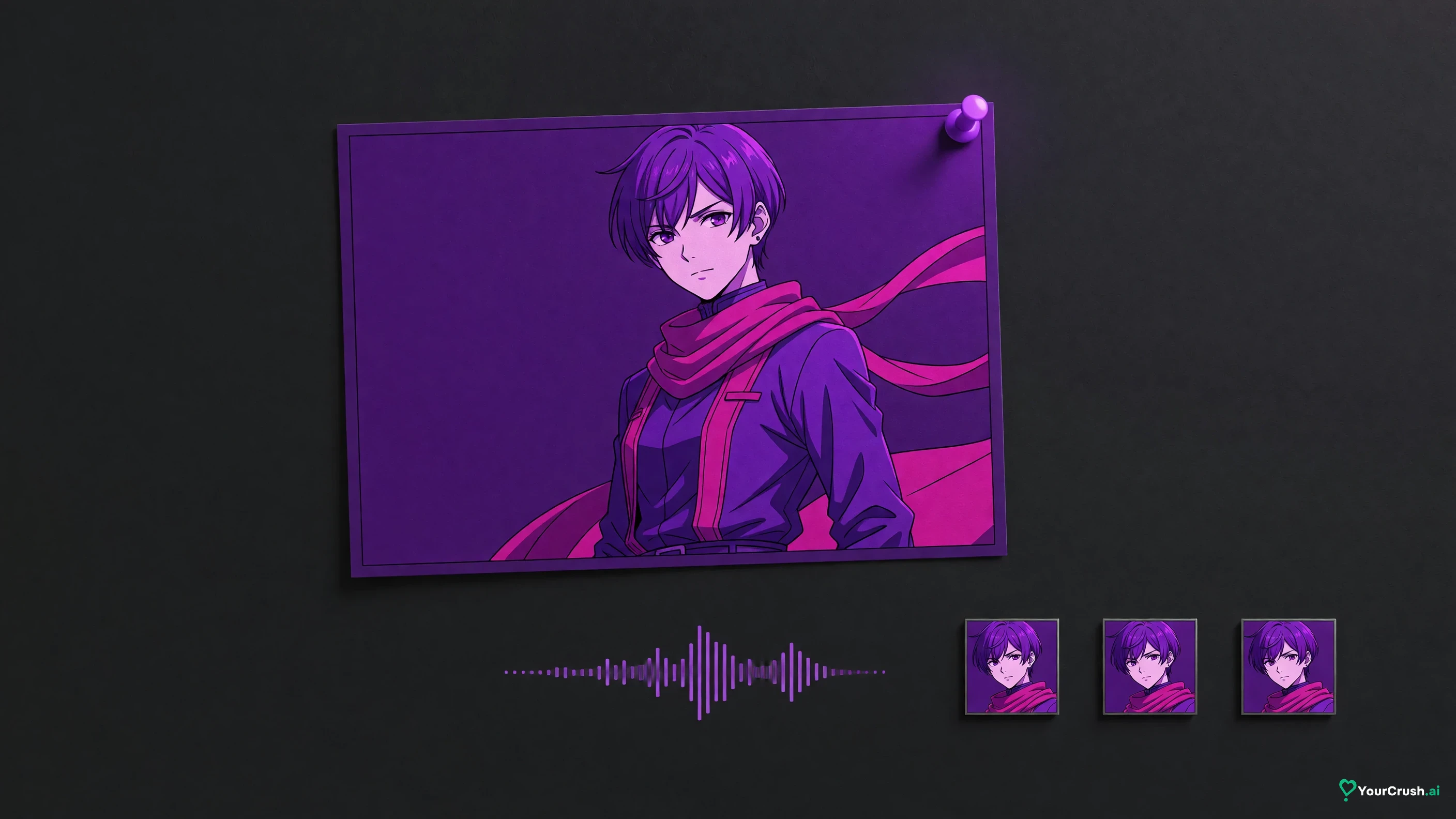 Anime character card with a glowing pin, a steady voice waveform and a consistent portrait across three small frames