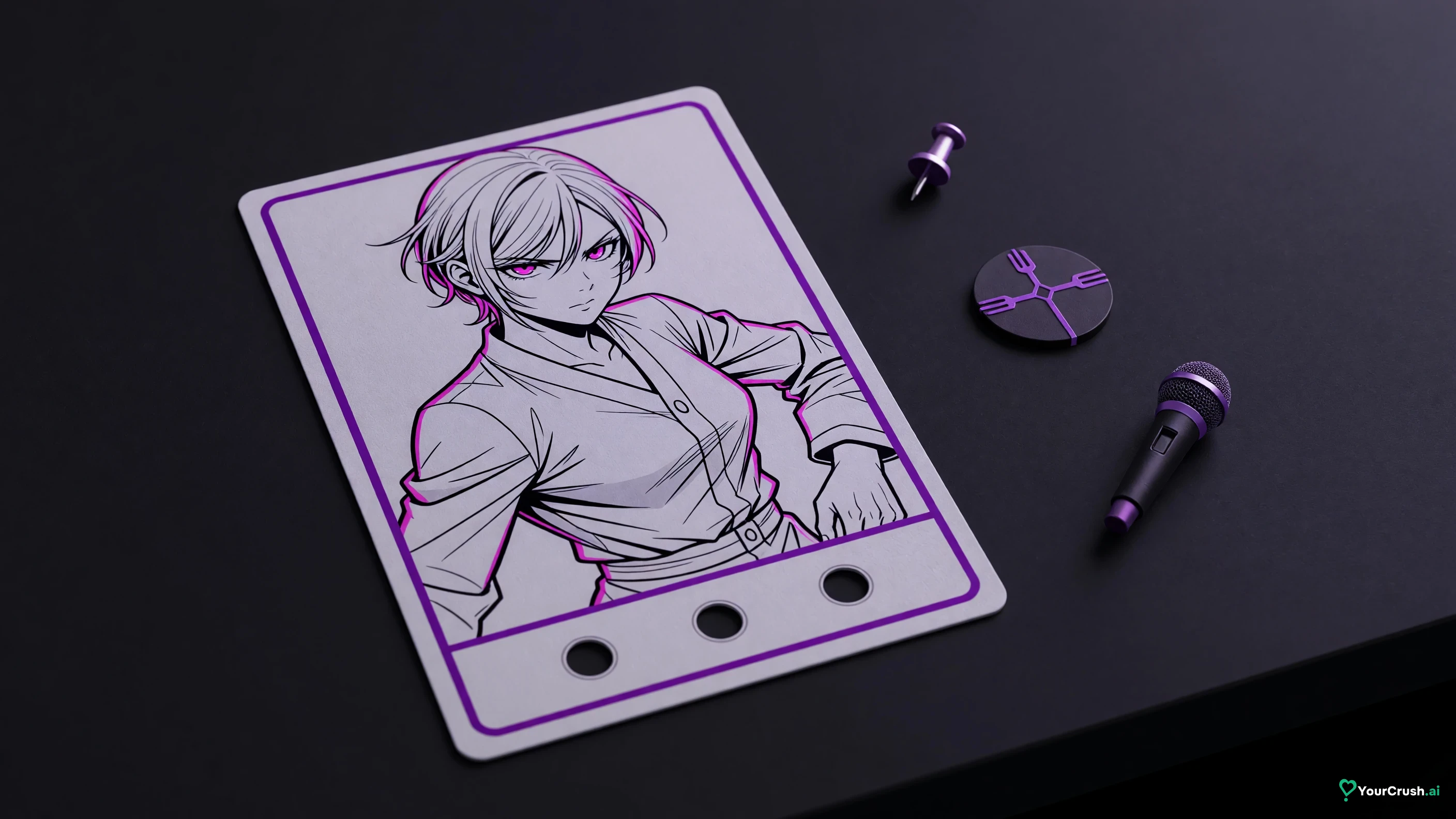 Anime character card missing its pin, its branch and its microphone, shown as three empty slots