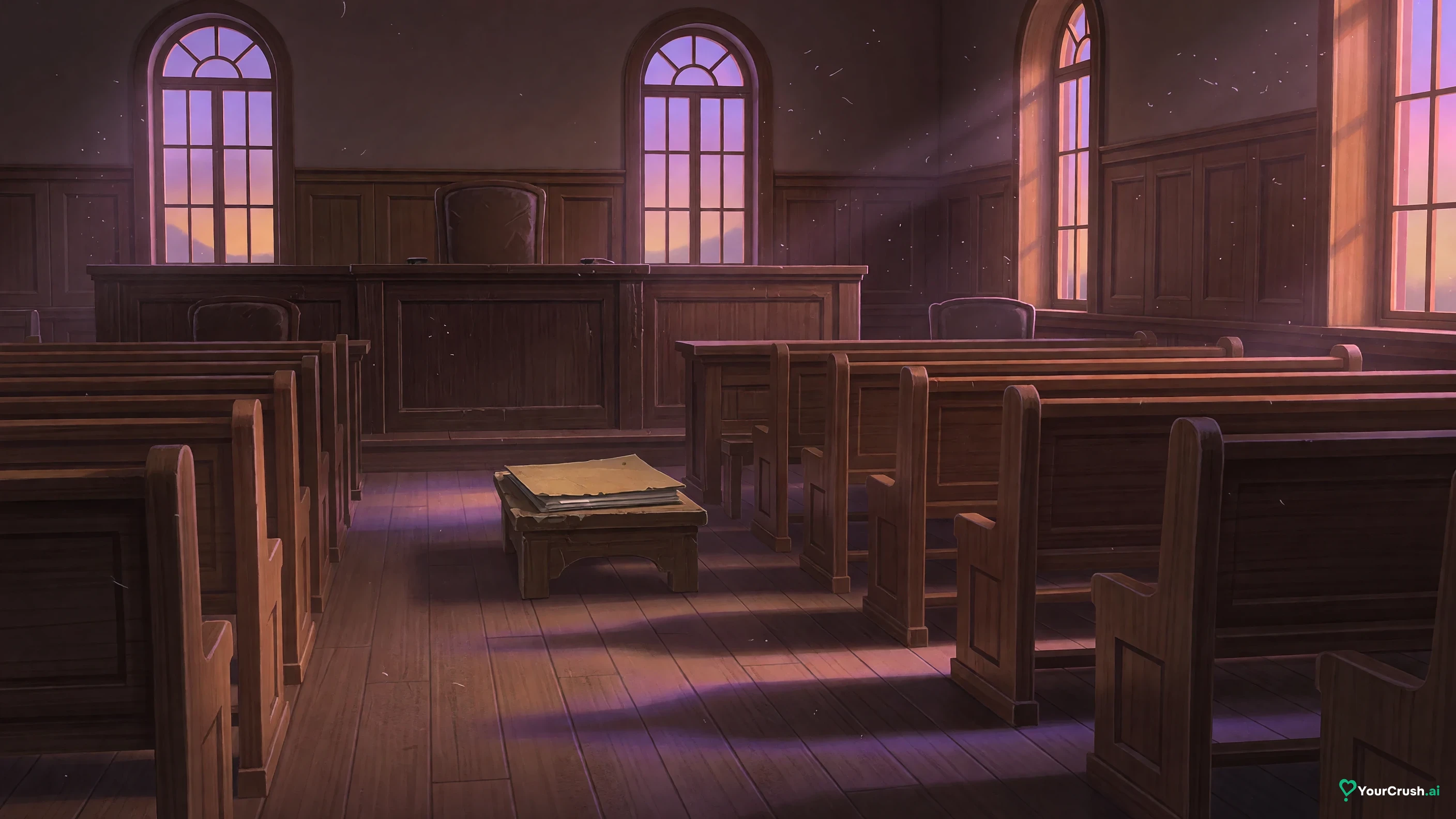 An empty wood-panelled courtroom at dusk with evening light across the benches