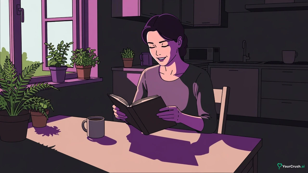 A woman closes a dark hardback novel at a bright kitchen table by an open window