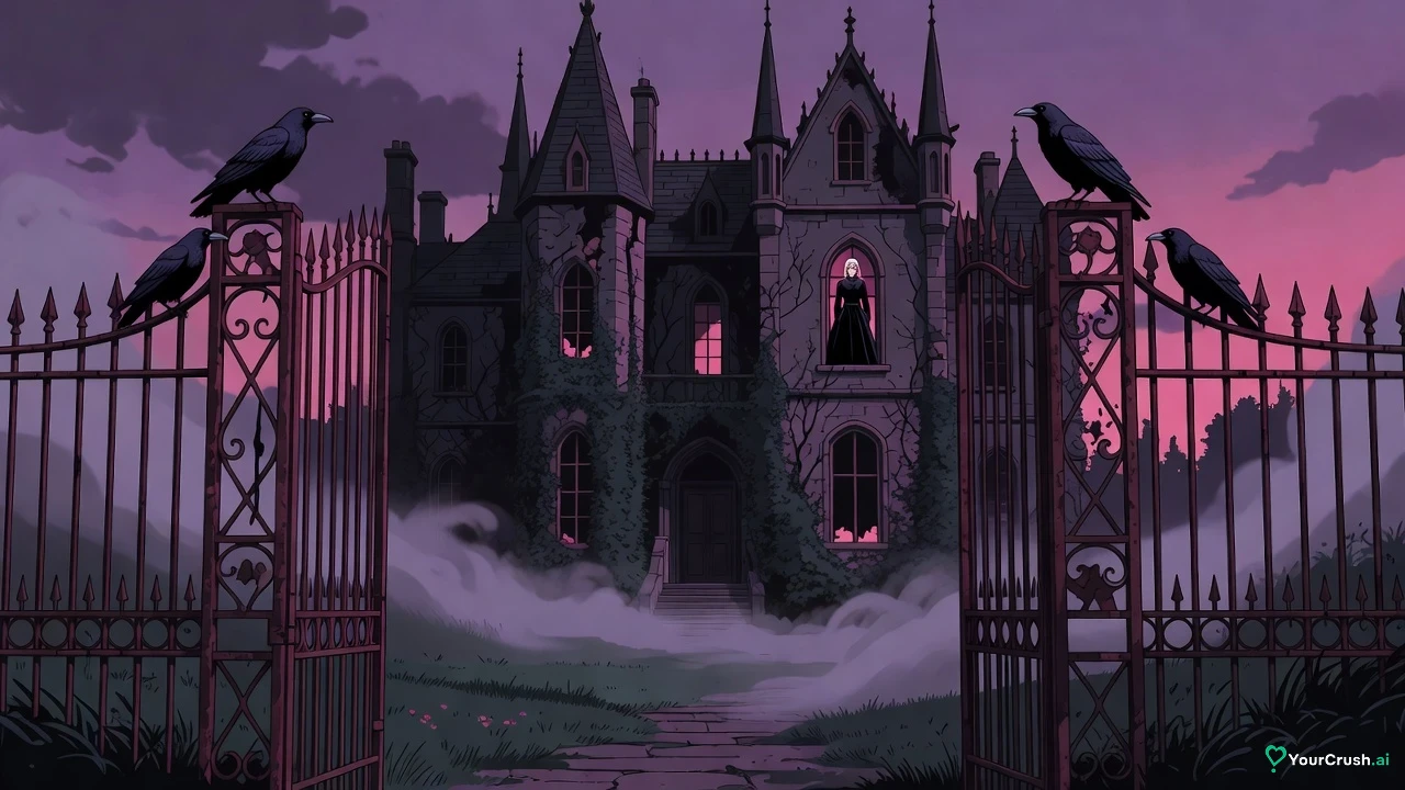 A decaying manor at dusk with ravens on iron gates and a woman in mourning black at an upper window