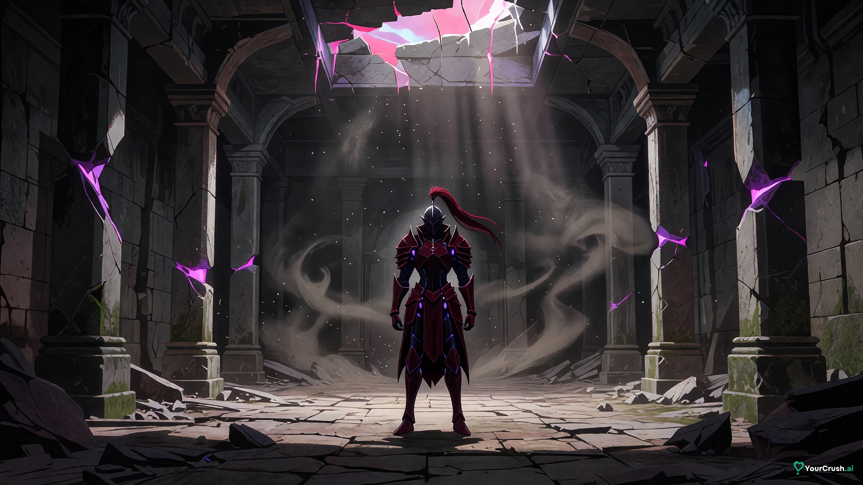 Igris the shadow knight from Solo Leveling standing in a ruined stone hall