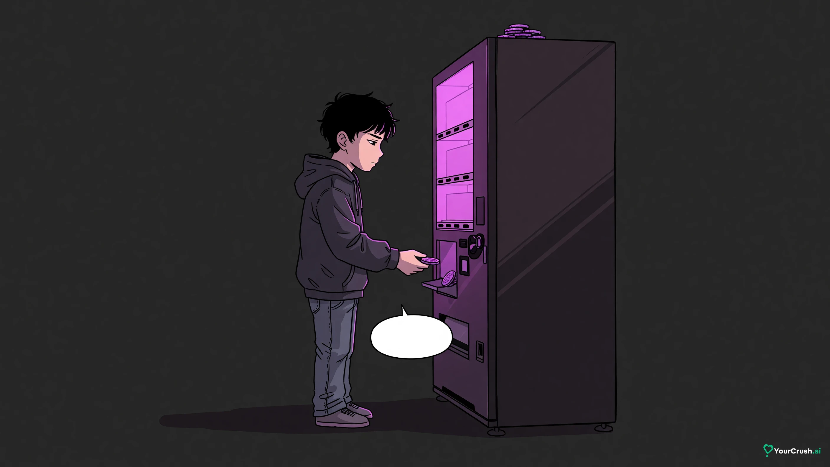 Anime character at a vending machine where each speech bubble drops out for a coin