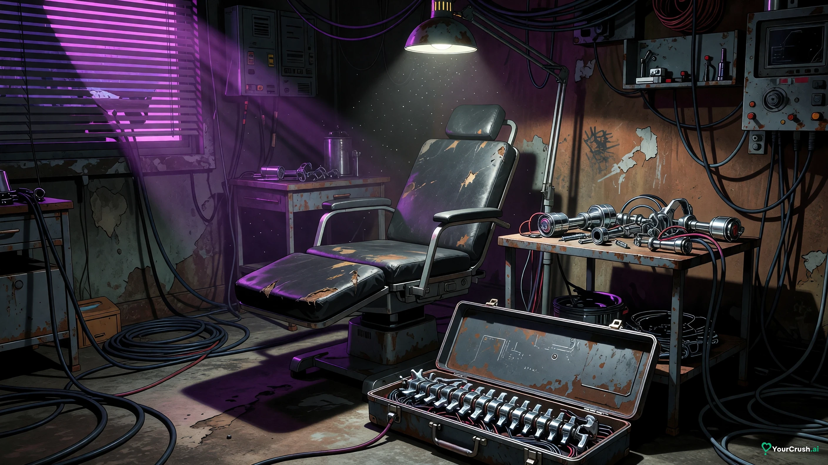 A Night City ripperdoc clinic with a spinal implant in an open case, as in Cyberpunk Edgerunners